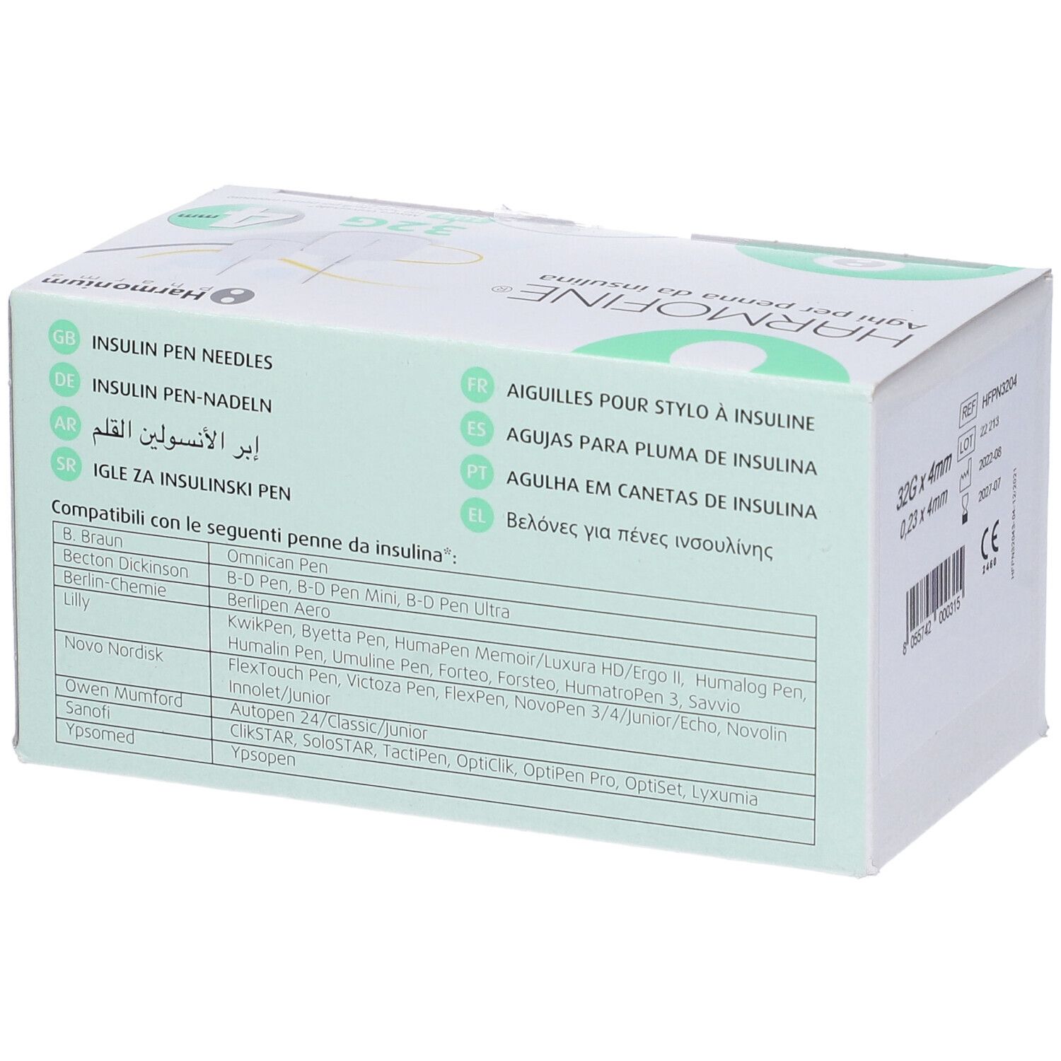 Confezione di aghi per penna per insulina Harmofine. 32G, 4mm. Marche di penne compatibili elencate.