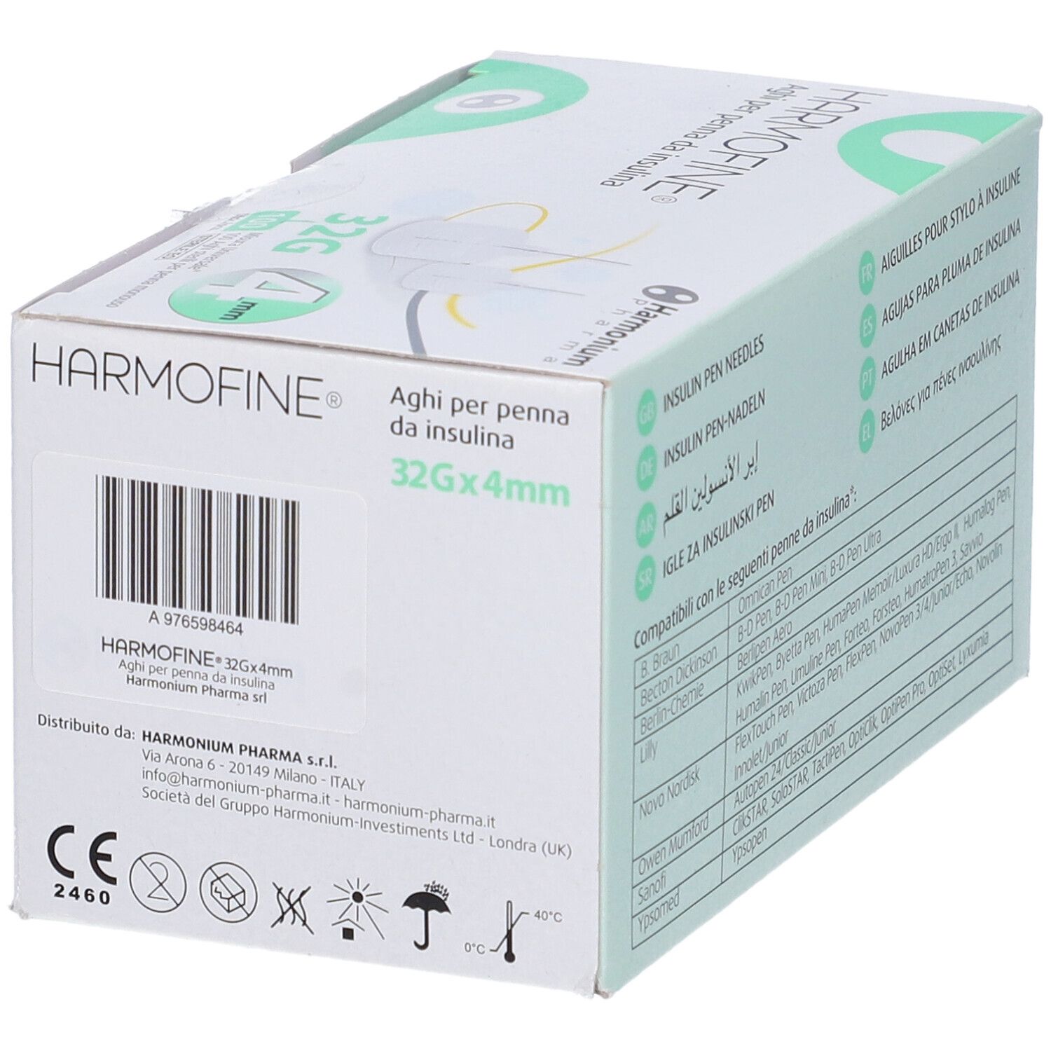 Confezione di aghi per penna per insulina Harmofine. 32G, 4mm. Indirizzo del produttore.