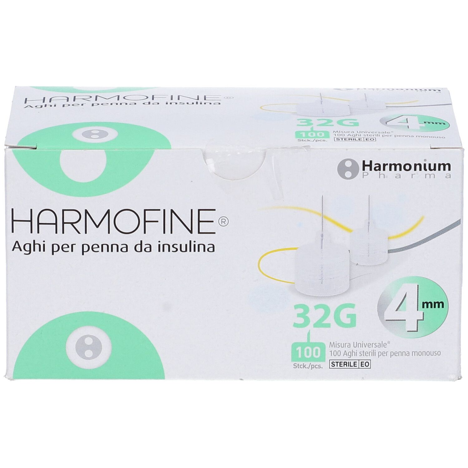 Confezione di aghi per penna per insulina Harmofine. 32G, 4mm. 100 pezzi. Sterili EO. Harmonium Pharma.