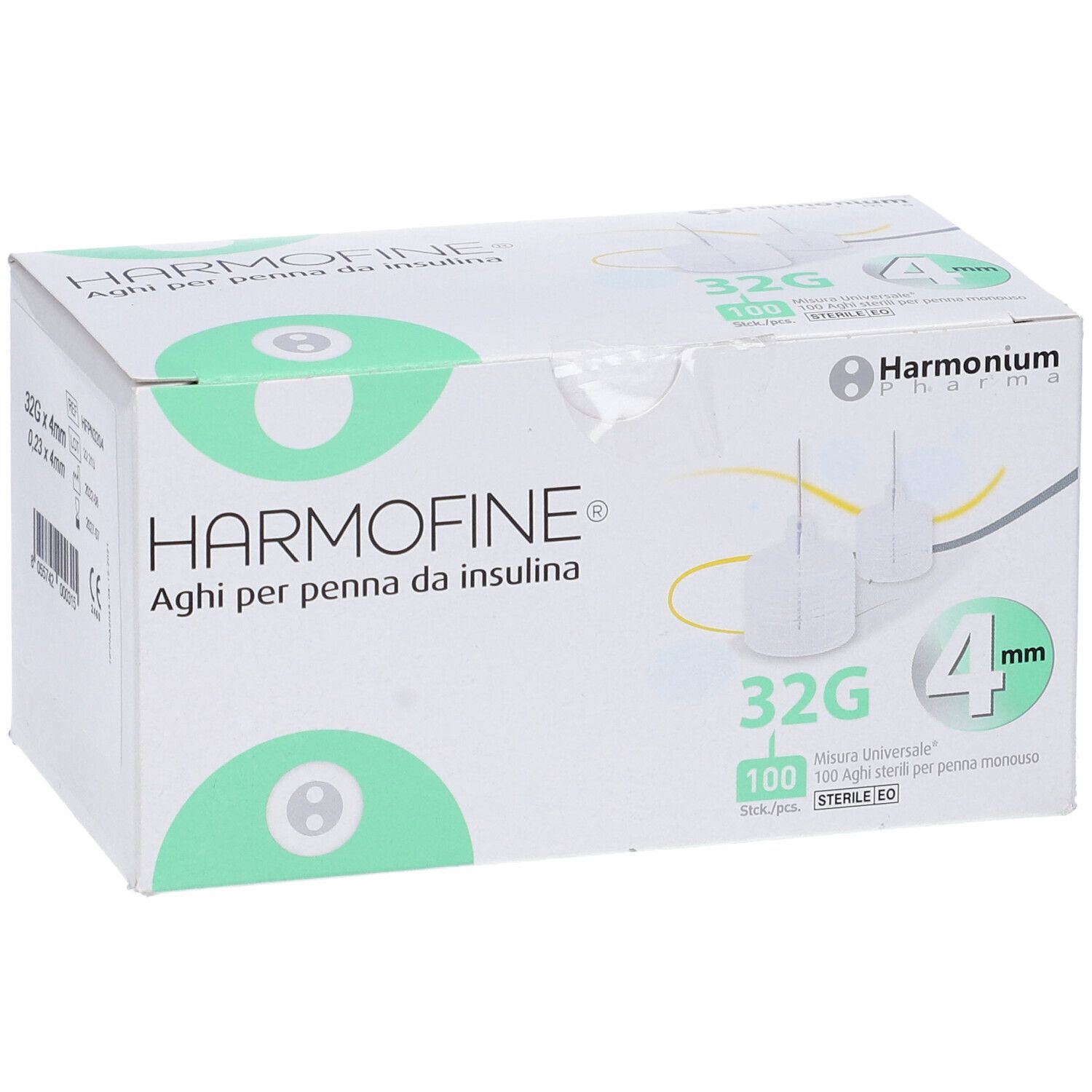 Confezione di aghi per penna per insulina Harmofine. 32G, 4mm. 100 pezzi. Sterili EO. Harmonium Pharma.