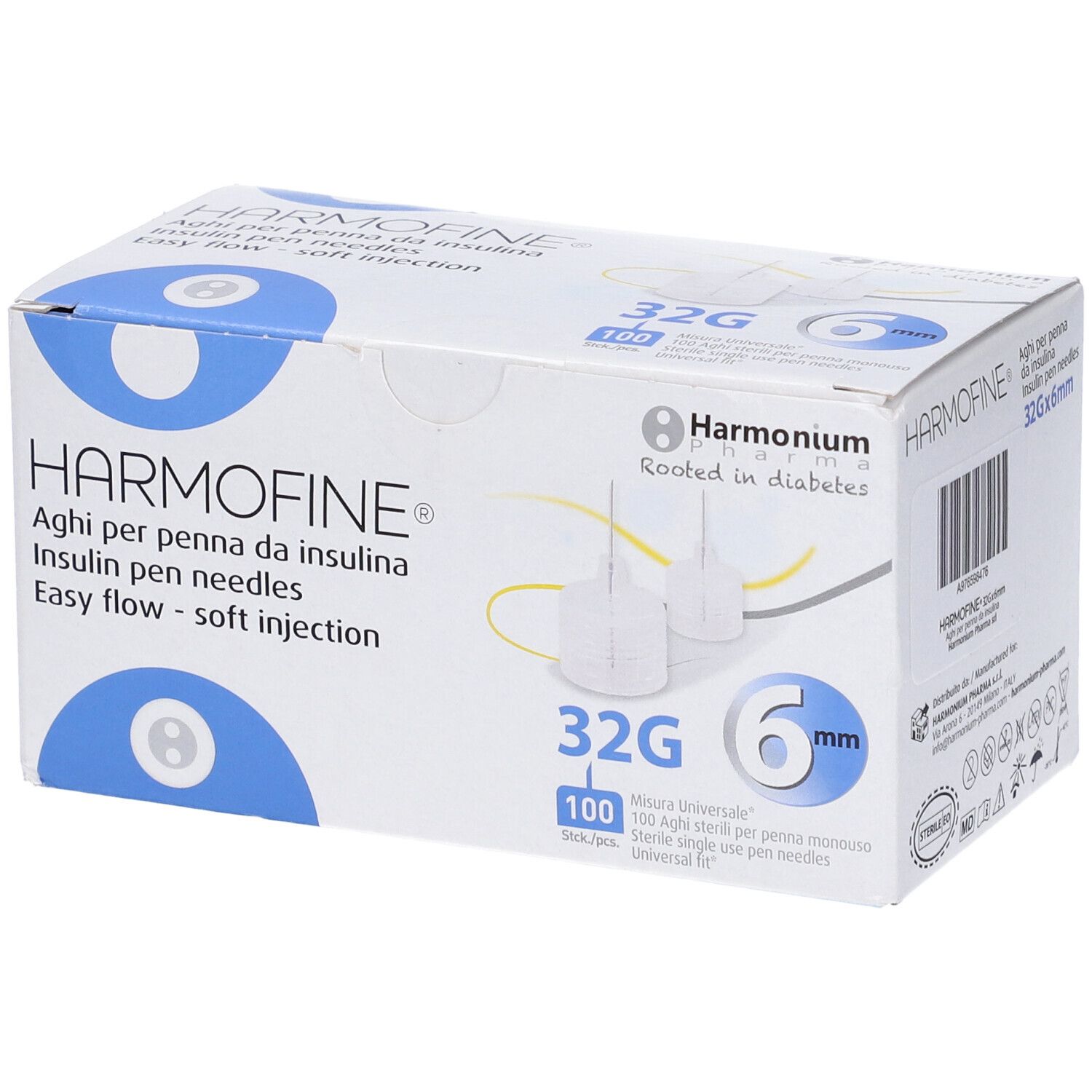 Confezione di aghi per penna da insulina Harmofine. Scritte: 32G, 6mm, 100 pezzi. Marchio e nome del prodotto.