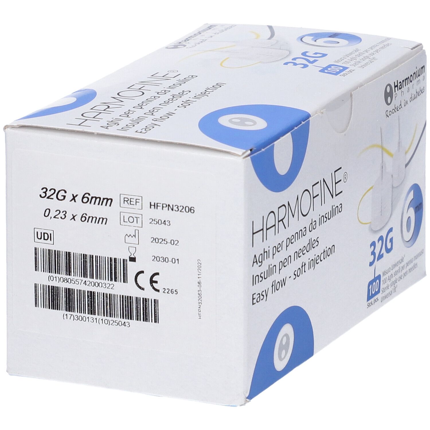 Confezione di aghi per penna da insulina Harmofine. Scritte: 32G x 6mm. Informazioni sul prodotto e marchio CE.