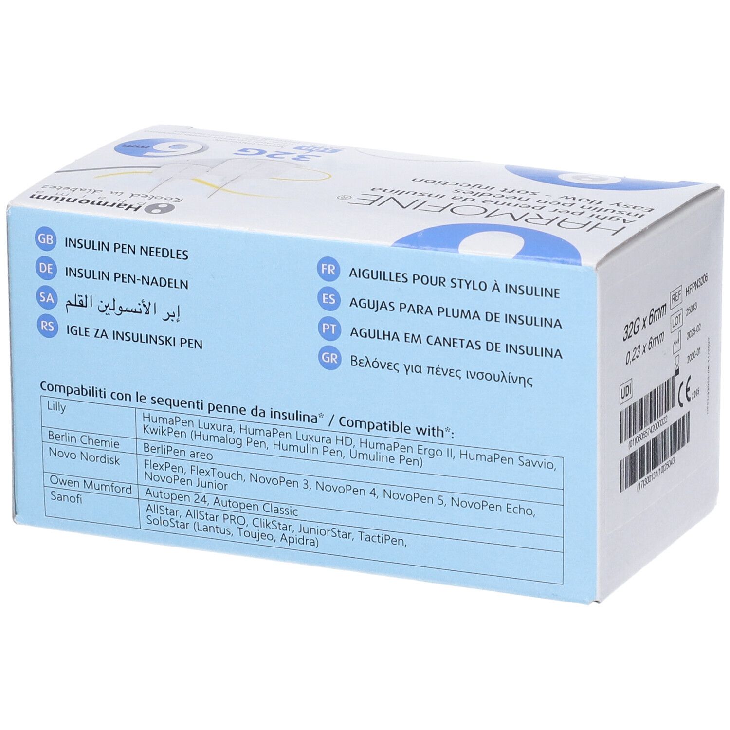 Confezione di aghi per penna da insulina Harmofine. Scritte: 32G x 6mm. Elenco compatibilità penne insulina.