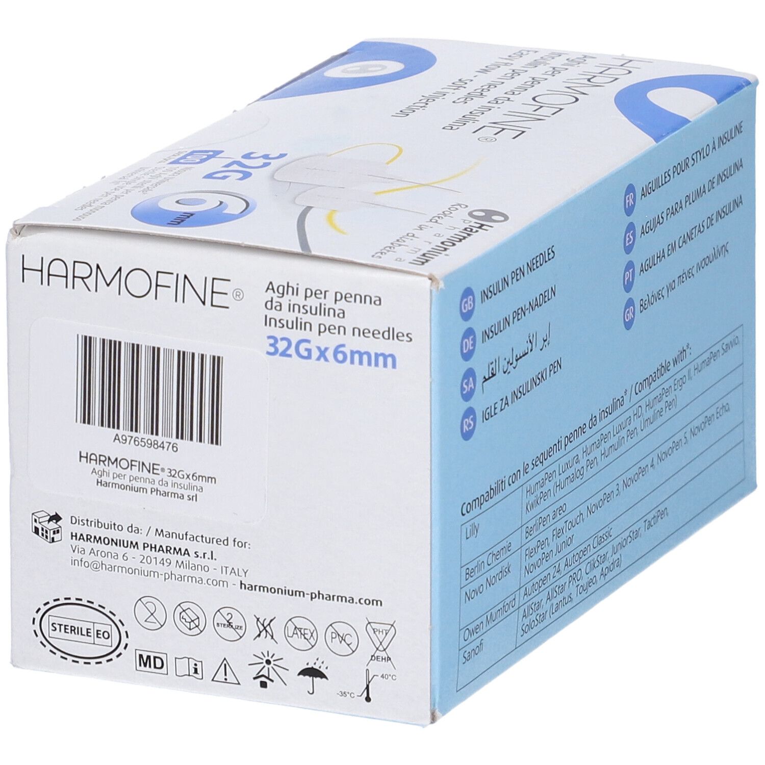 Confezione di aghi per penna da insulina Harmofine. Scritte: 32G x 6mm. Informazioni produttore e indicazione sterilizzazione.
