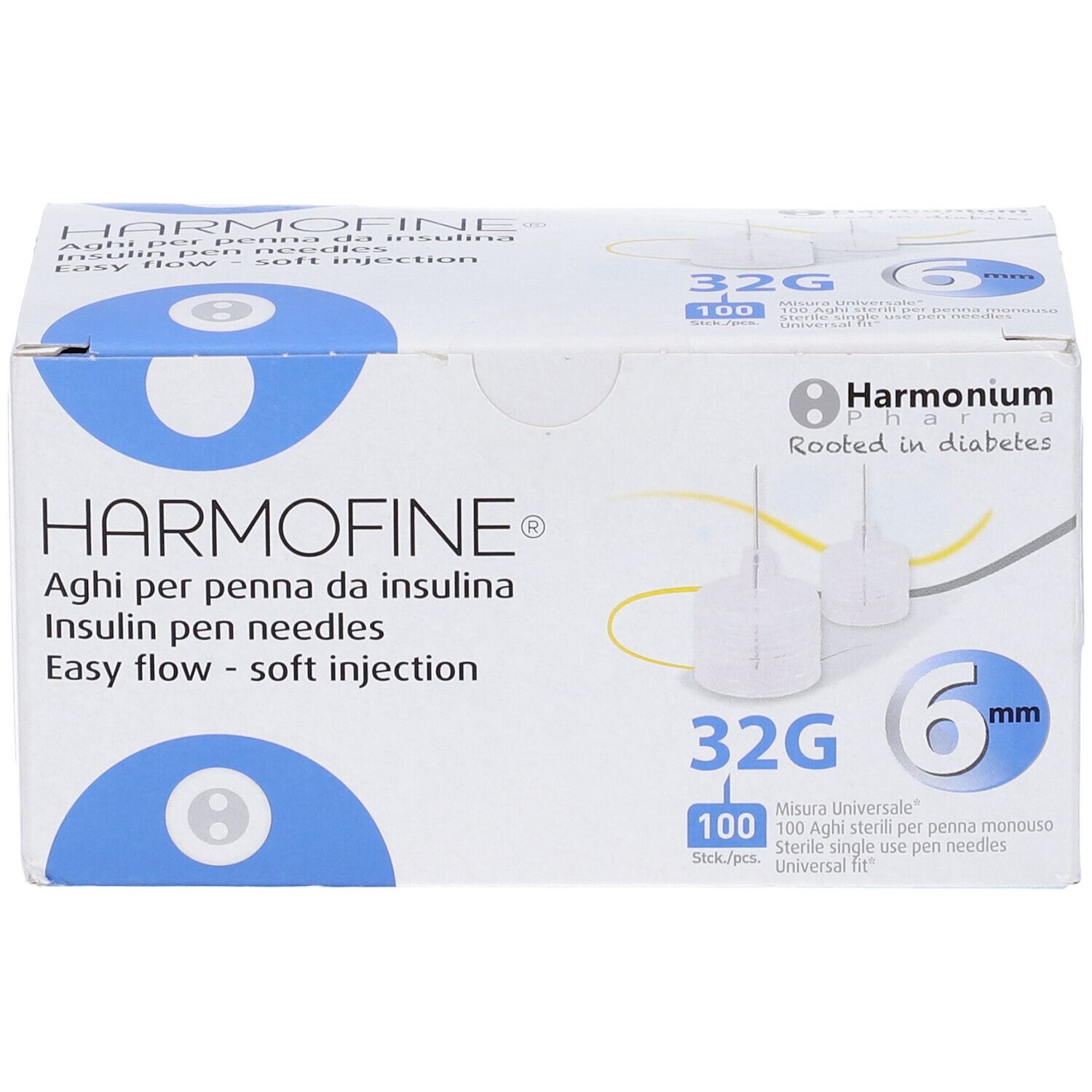 Confezione di aghi per penna da insulina Harmofine. Scritte: 32G, 6mm, 100 pezzi. Marchio e nome del prodotto.