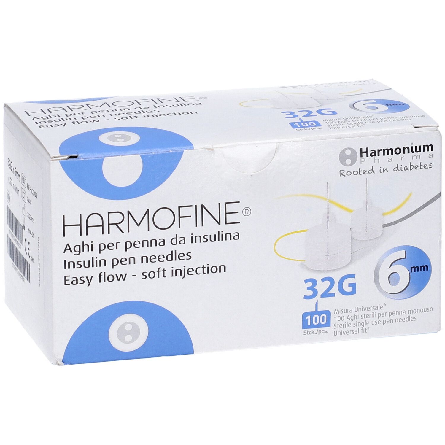 Confezione di aghi per penna da insulina Harmofine. Scritte: 32G, 6mm, 100 pezzi. Marchio e nome del prodotto.
