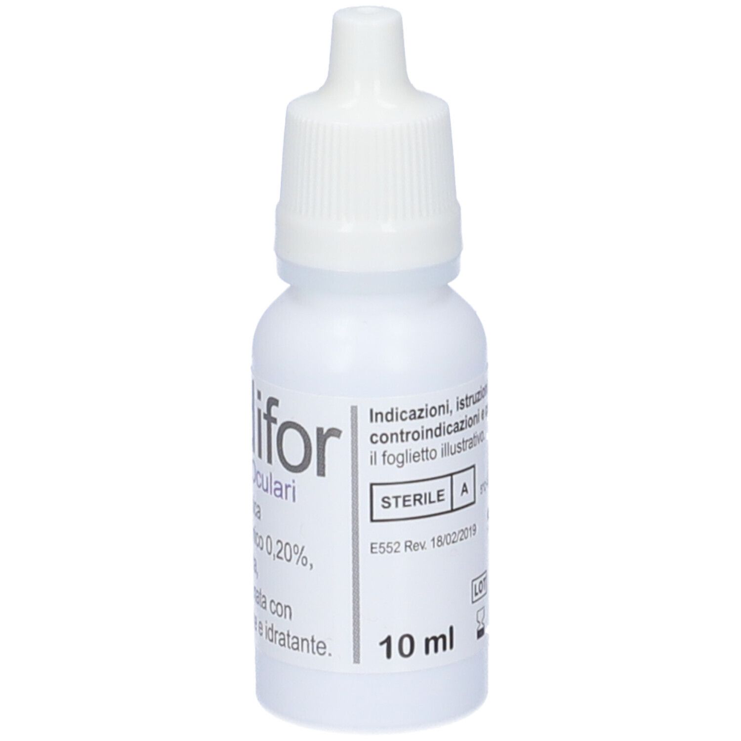 Flacone bianco con contagocce. Scritta: Medifor, Gocce Oculari. Testo in italiano. Volume: 10 ml.