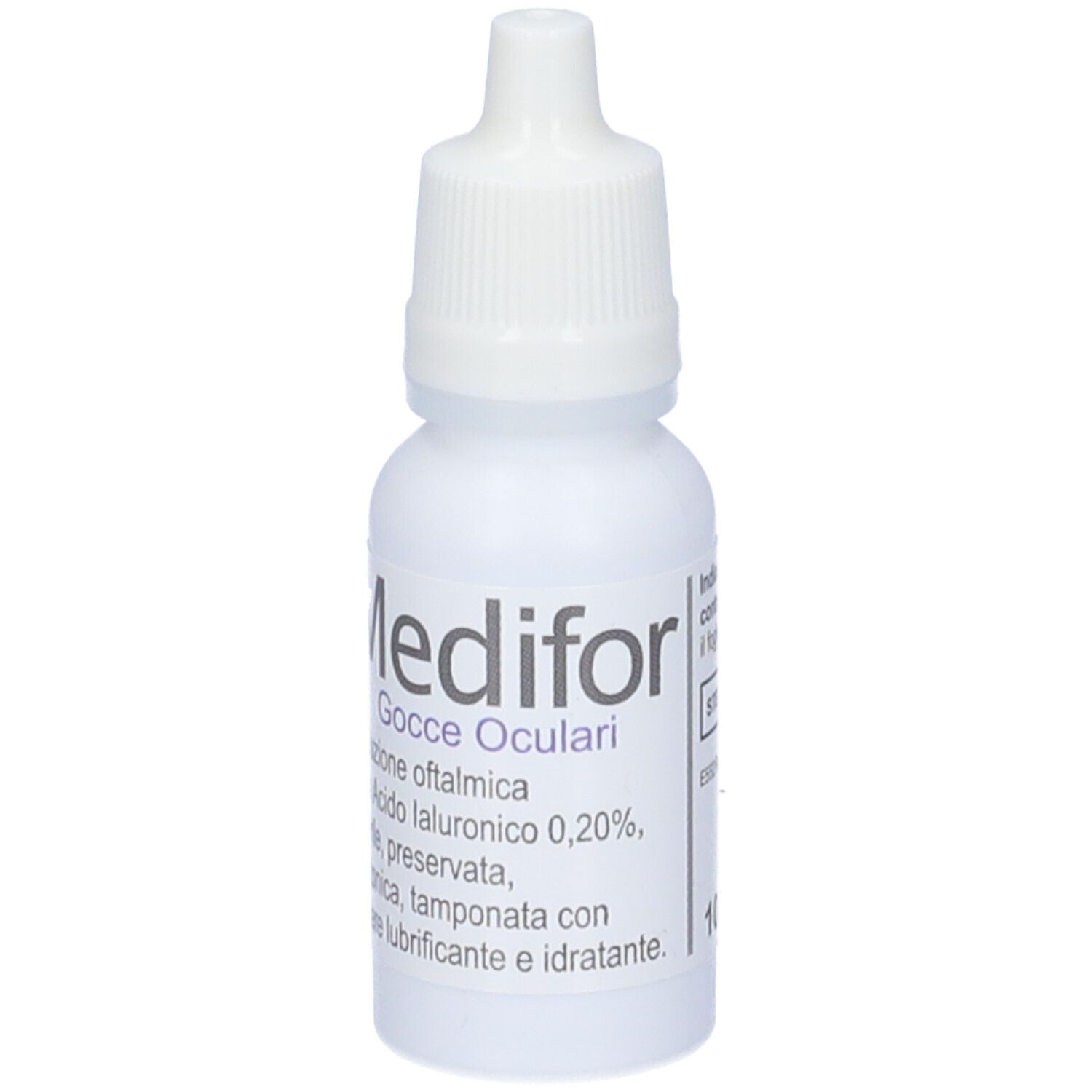 Flacone bianco con contagocce. Scritta: Medifor, Gocce Oculari. Testo in italiano. Etichetta con ingredienti.