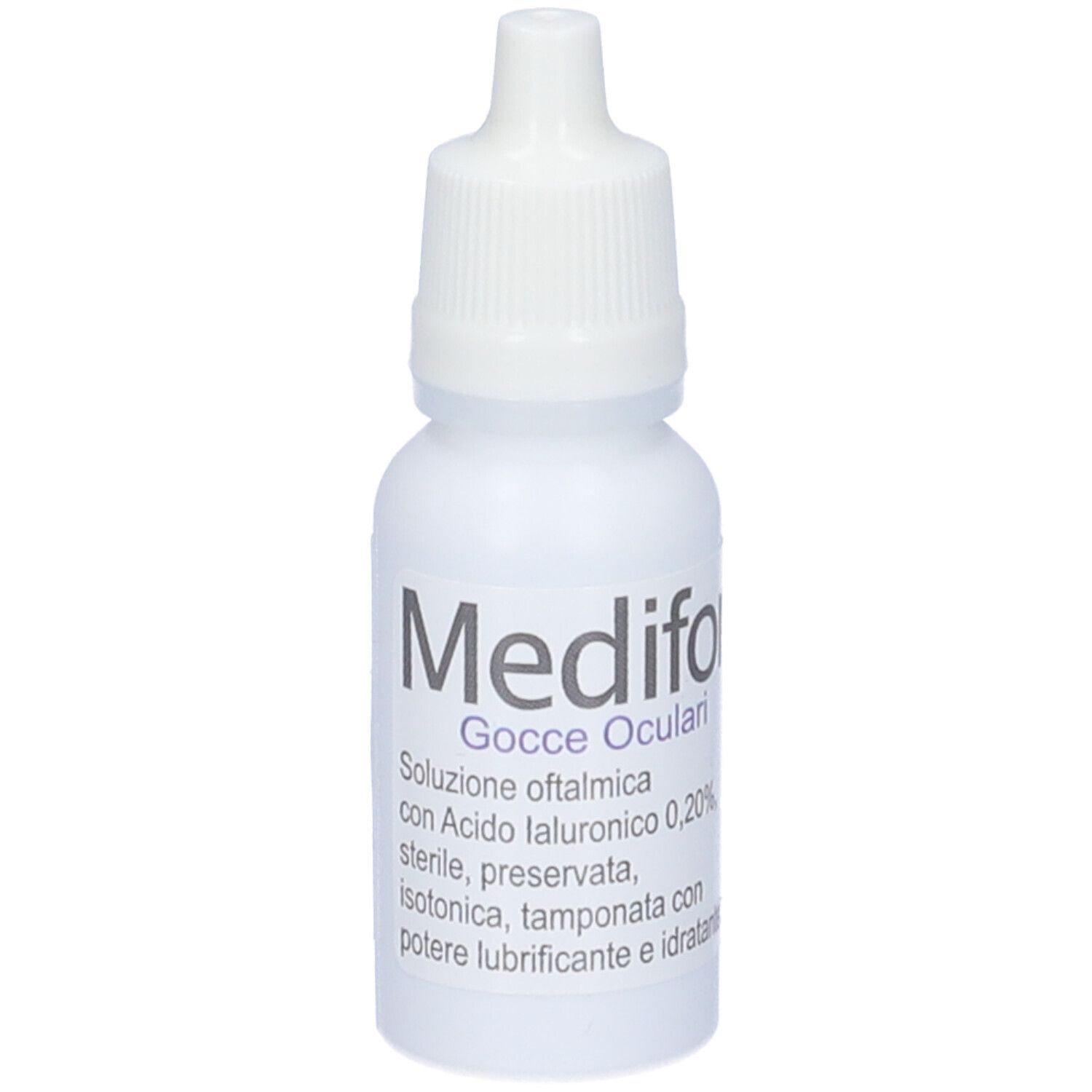 Flacone bianco con contagocce. Scritta: Medifor, Gocce Oculari. Testo in italiano. Etichetta con ingredienti.