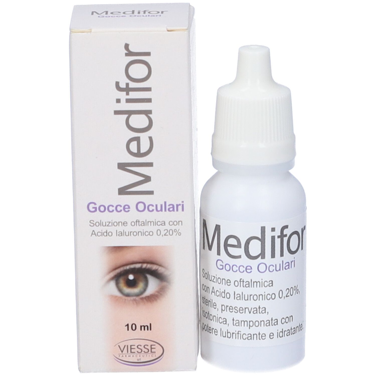 Flacone e scatola del prodotto. Scatola con nome del prodotto e immagine dell'occhio. Flacone: Medifor, Gocce Oculari.