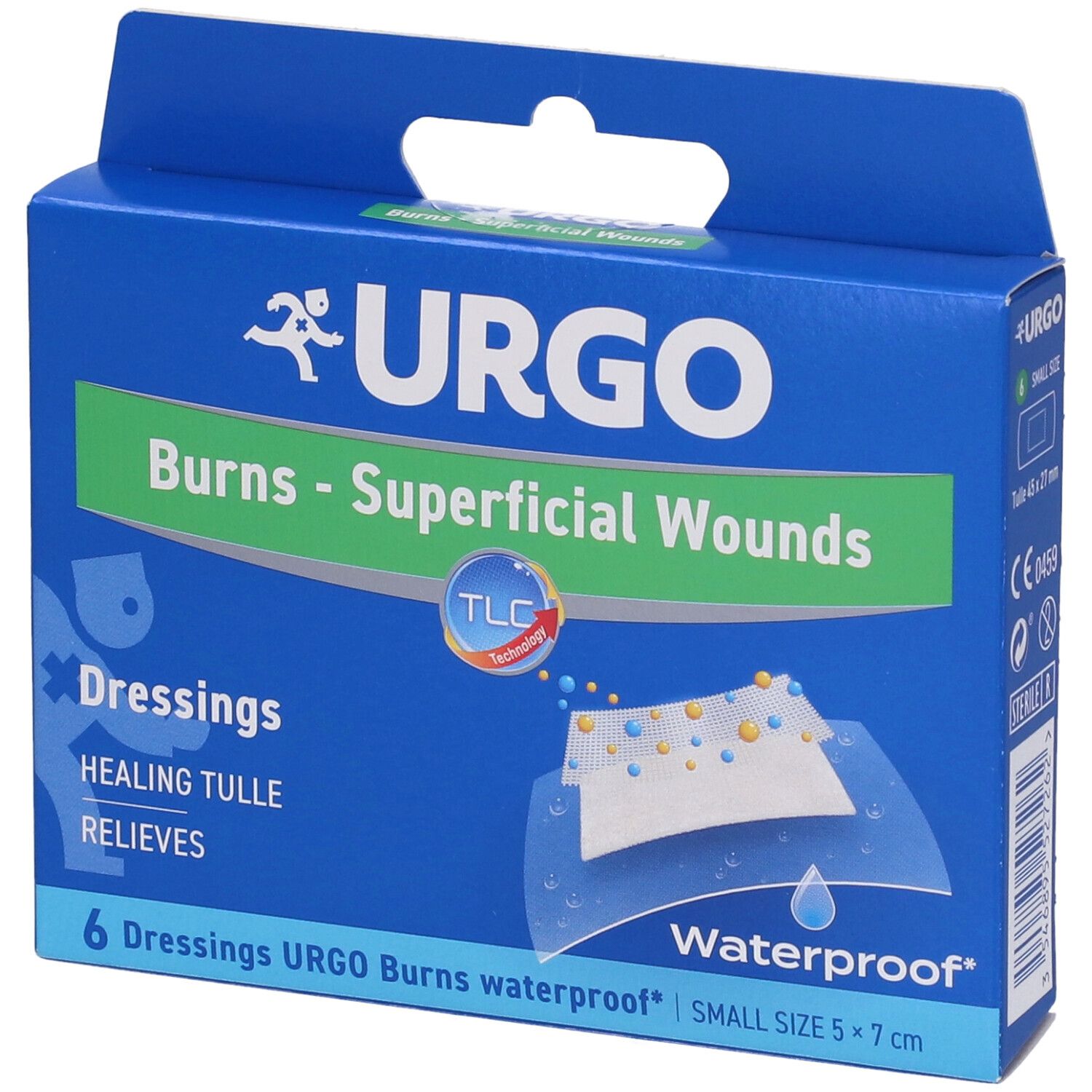 Scatola blu Urgo. Scritta 'Burns - Superficial Wounds'. 6 medicazioni, impermeabili, dimensioni 5x7 cm.