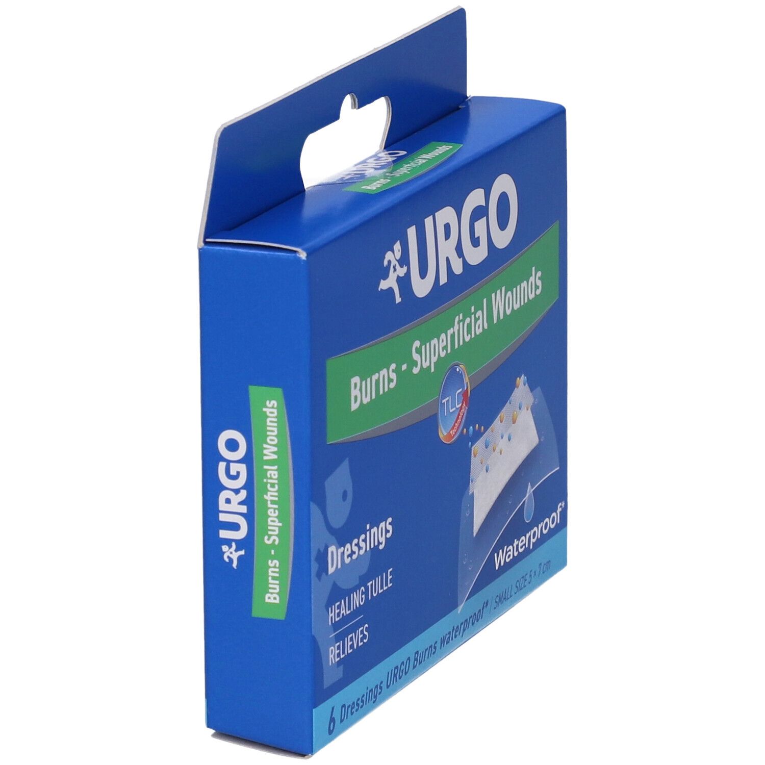 Scatola blu Urgo. Scritta 'Burns - Superficial Wounds'. 6 medicazioni, impermeabili, dimensioni 5x7 cm.