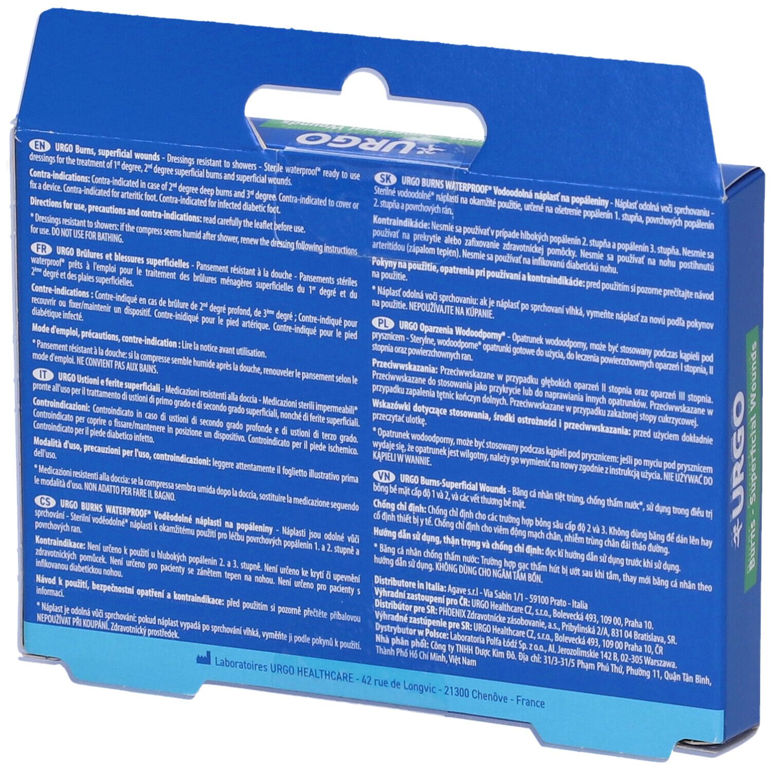 Retro della scatola blu Urgo. Testo multilingue. Informazioni su uso e ingredienti.