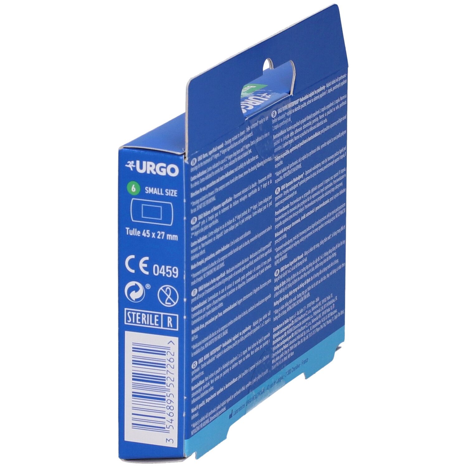 Scatola blu, vista laterale. Logo Urgo, informazioni su dimensioni e sterilità. Codice a barre.