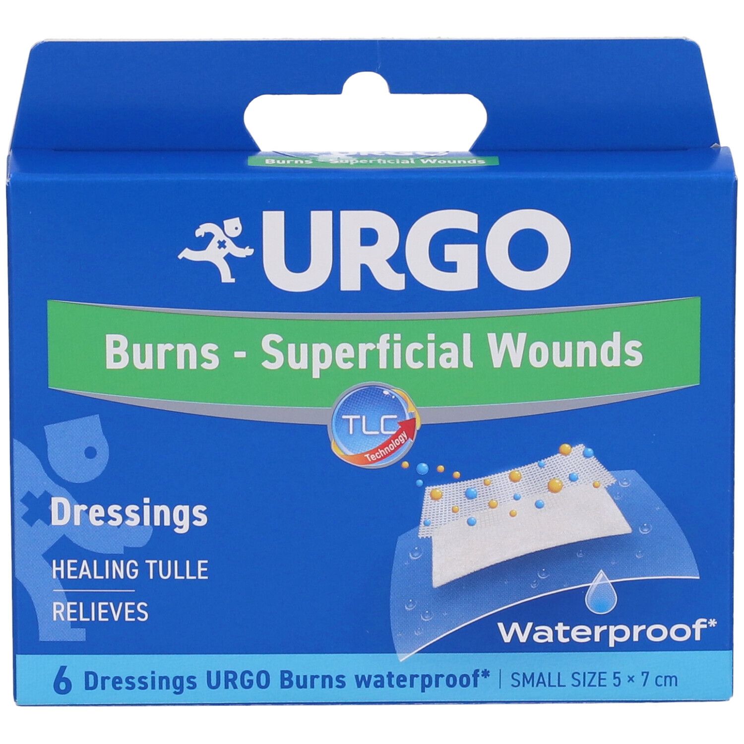 Scatola blu Urgo. Scritta 'Burns - Superficial Wounds'. 6 medicazioni, impermeabili, dimensioni 5x7 cm.