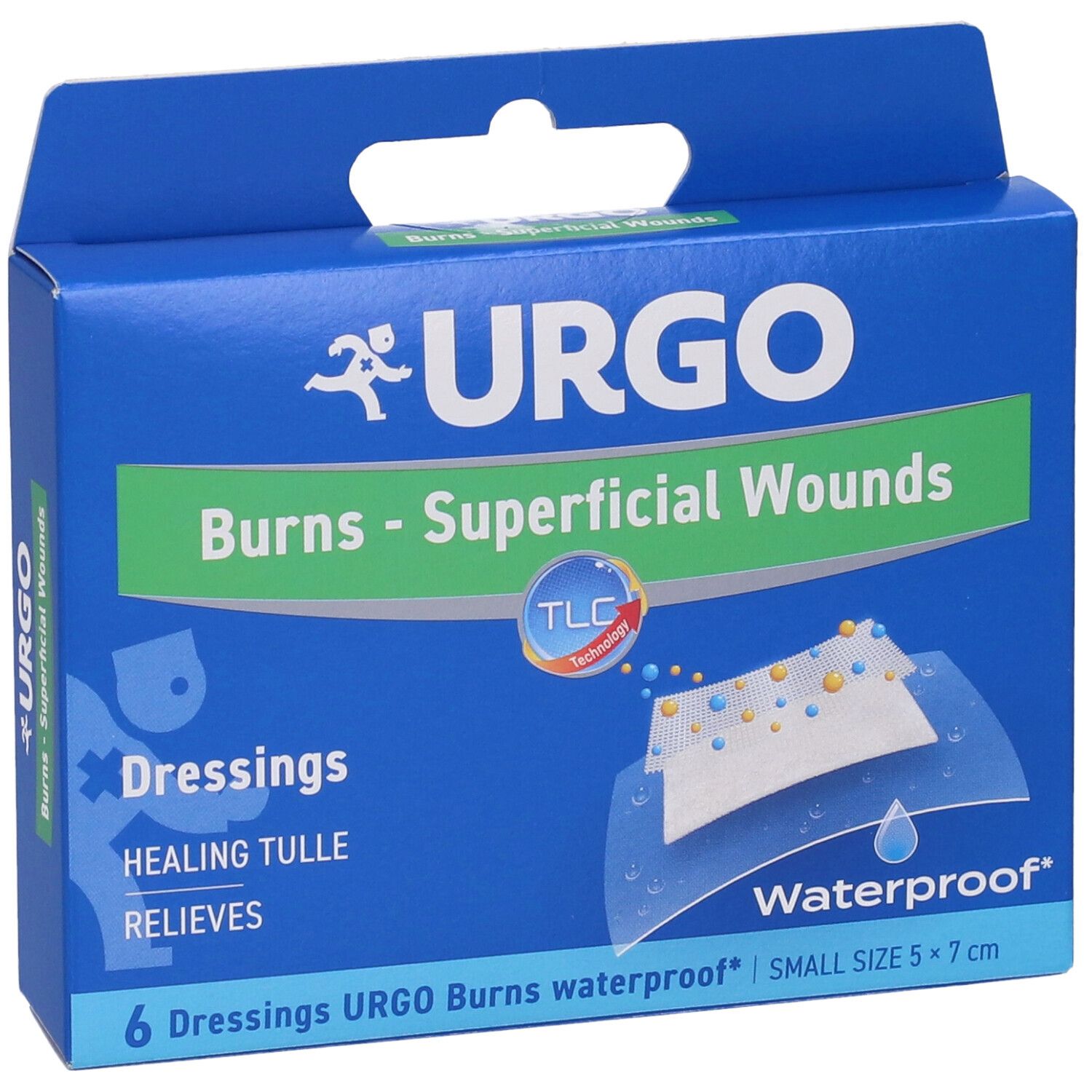Scatola blu Urgo. Scritta 'Burns - Superficial Wounds'. 6 medicazioni, impermeabili, dimensioni 5x7 cm.