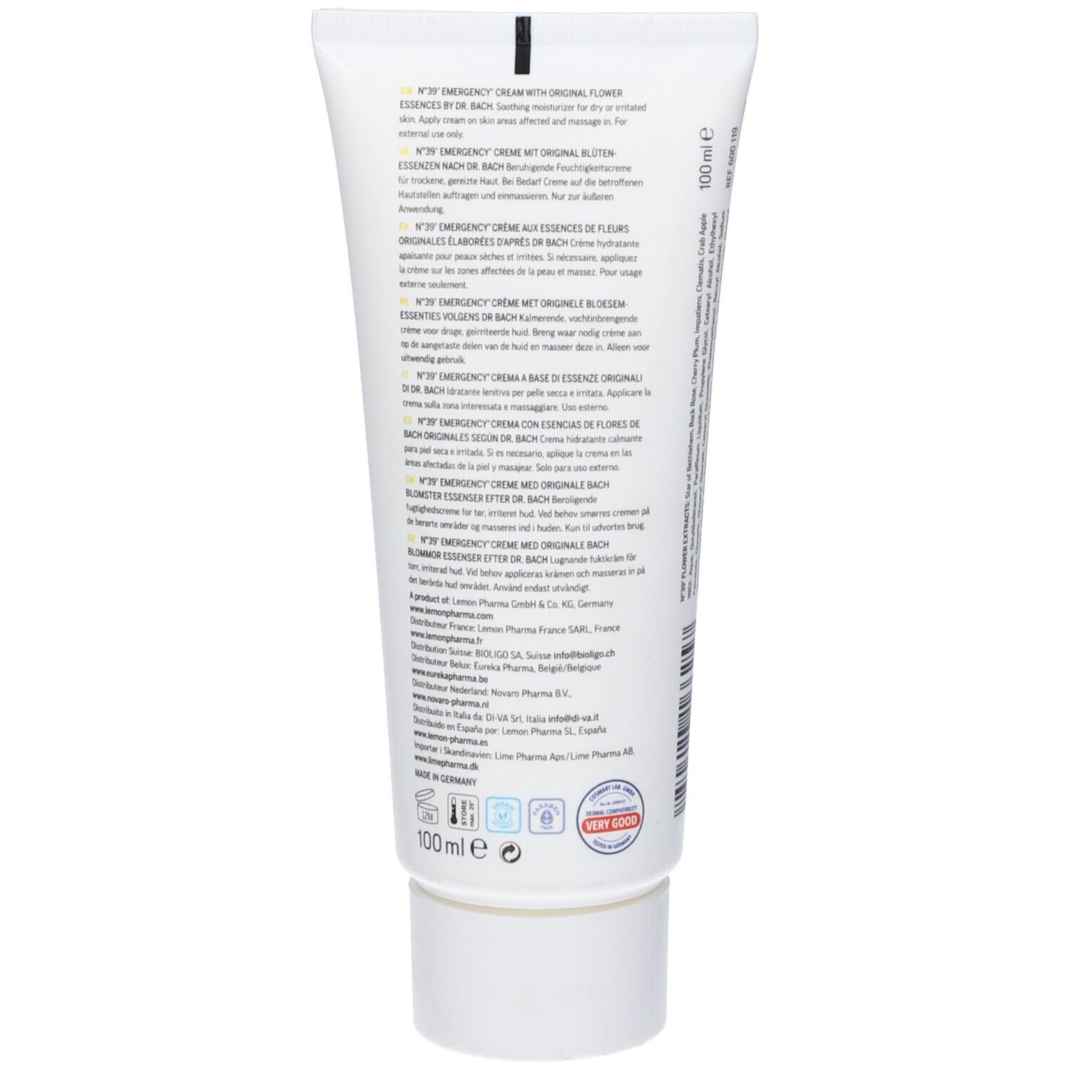 Retro di un tubo di crema. Testo in più lingue. In basso: 100 ml. Con sigilli di qualità.