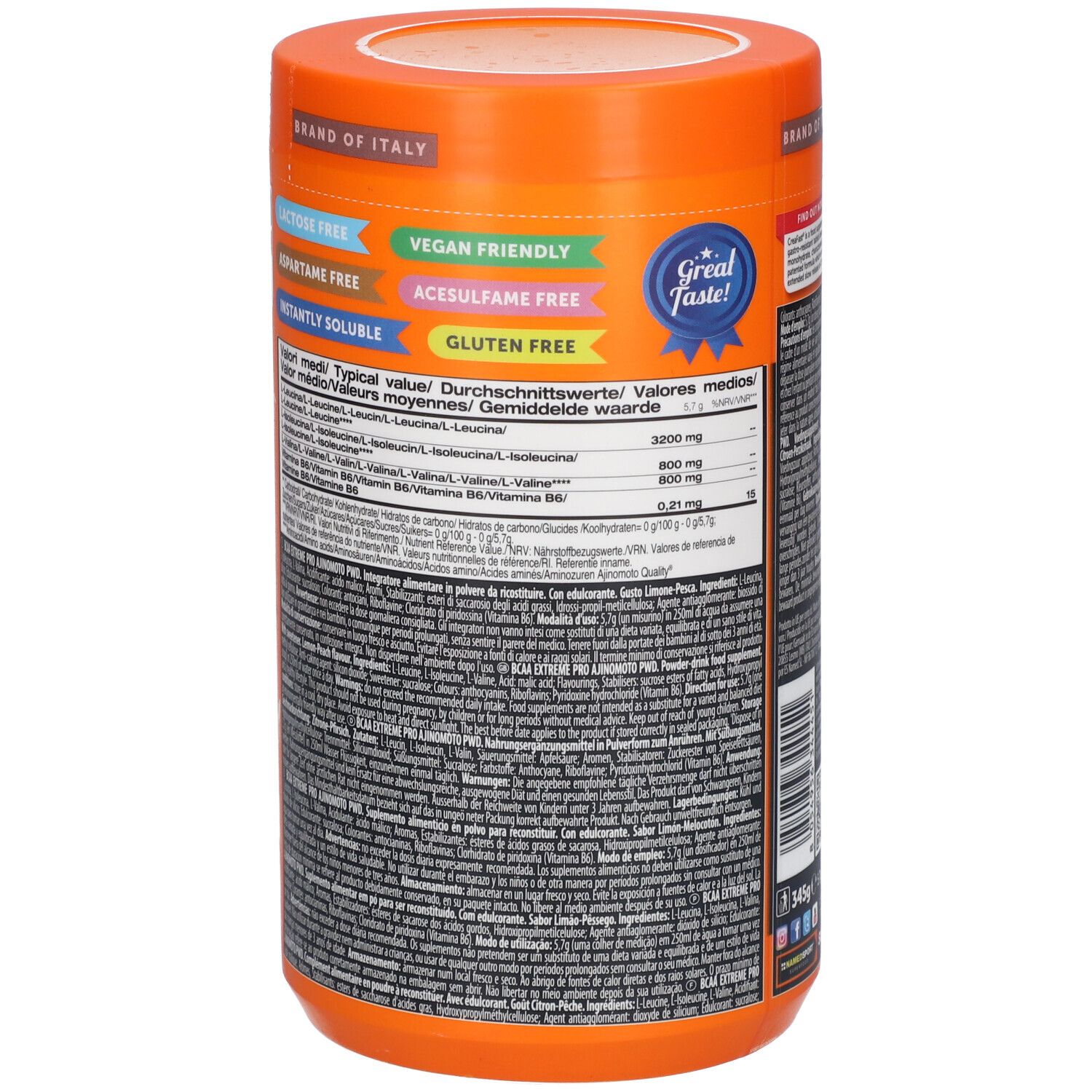 Retro del barattolo arancione. Informazioni nutrizionali e informazioni su BCAA 4:1:1 Extremepro.