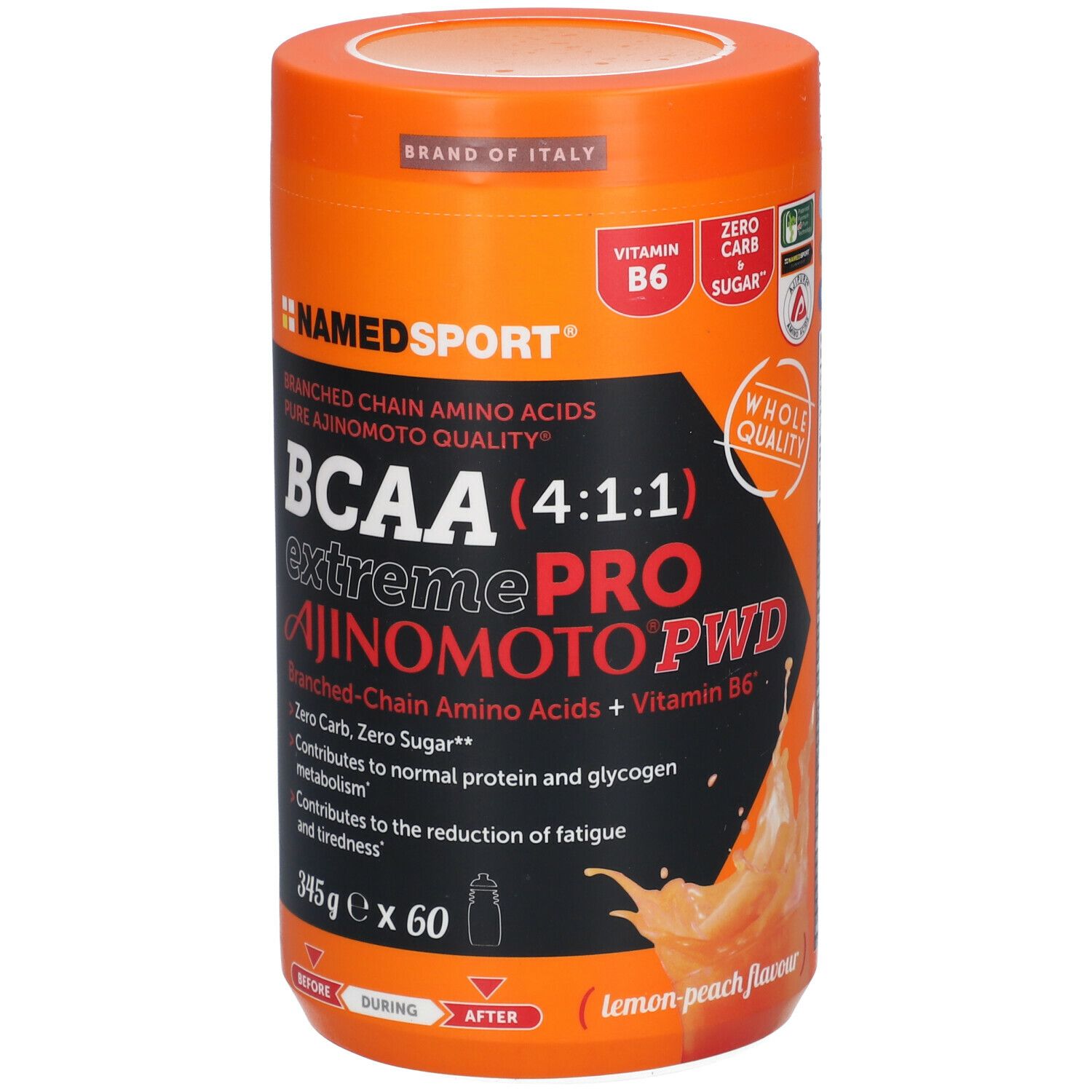 Barattolo arancione BCAA 4:1:1 Extremepro Ajinomoto PWD. Contiene vitamina B6. 345g x 60. Gusto limone-pesca.