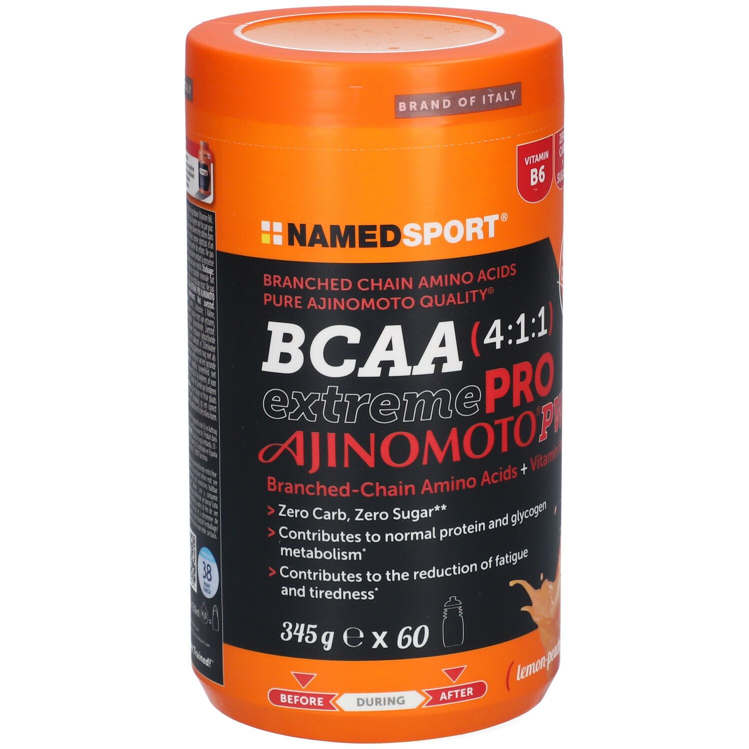 Barattolo arancione BCAA 4:1:1 Extremepro Ajinomoto PWD. Contiene vitamina B6. 345g x 60. Gusto limone-pesca.