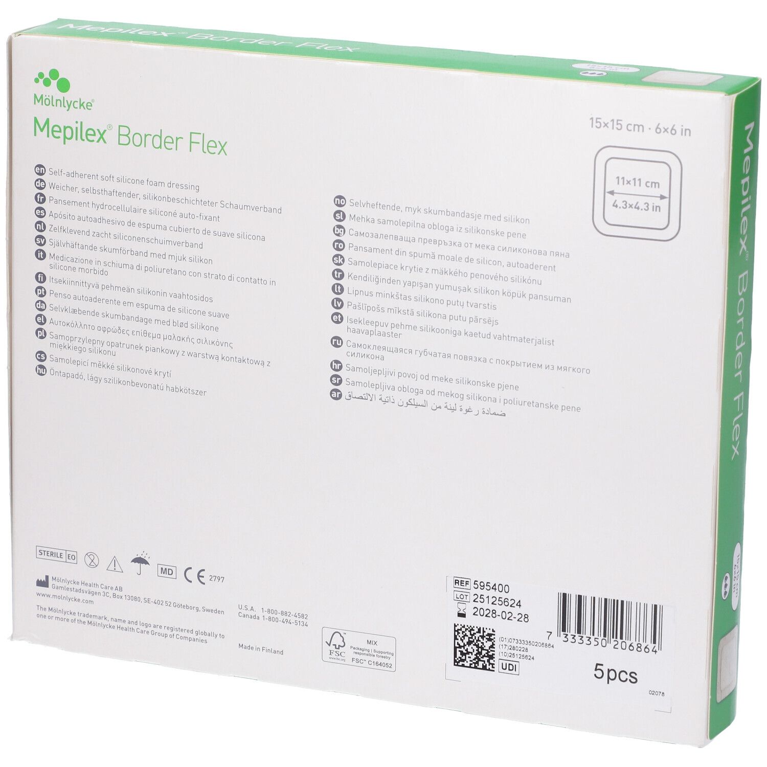 Retro della confezione Mepilex Border Flex. Testo, codice QR, numero di lotto, 5 pezzi.