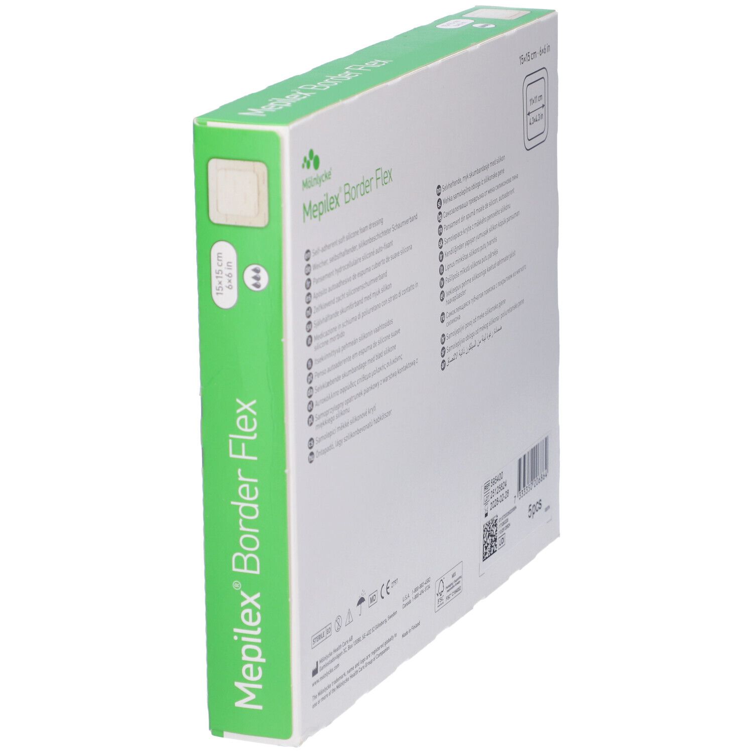 Vista obliqua della confezione Mepilex Border Flex. Scatola verde e bianca con medicazione.