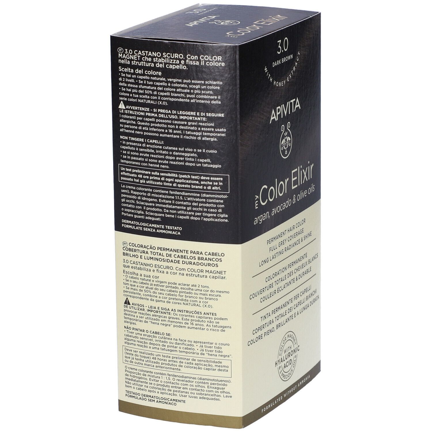 APIVITA eColor Elixir 3.0 Castano Scuro. Scatola con informazioni sul prodotto. Retro con testo in diverse lingue.