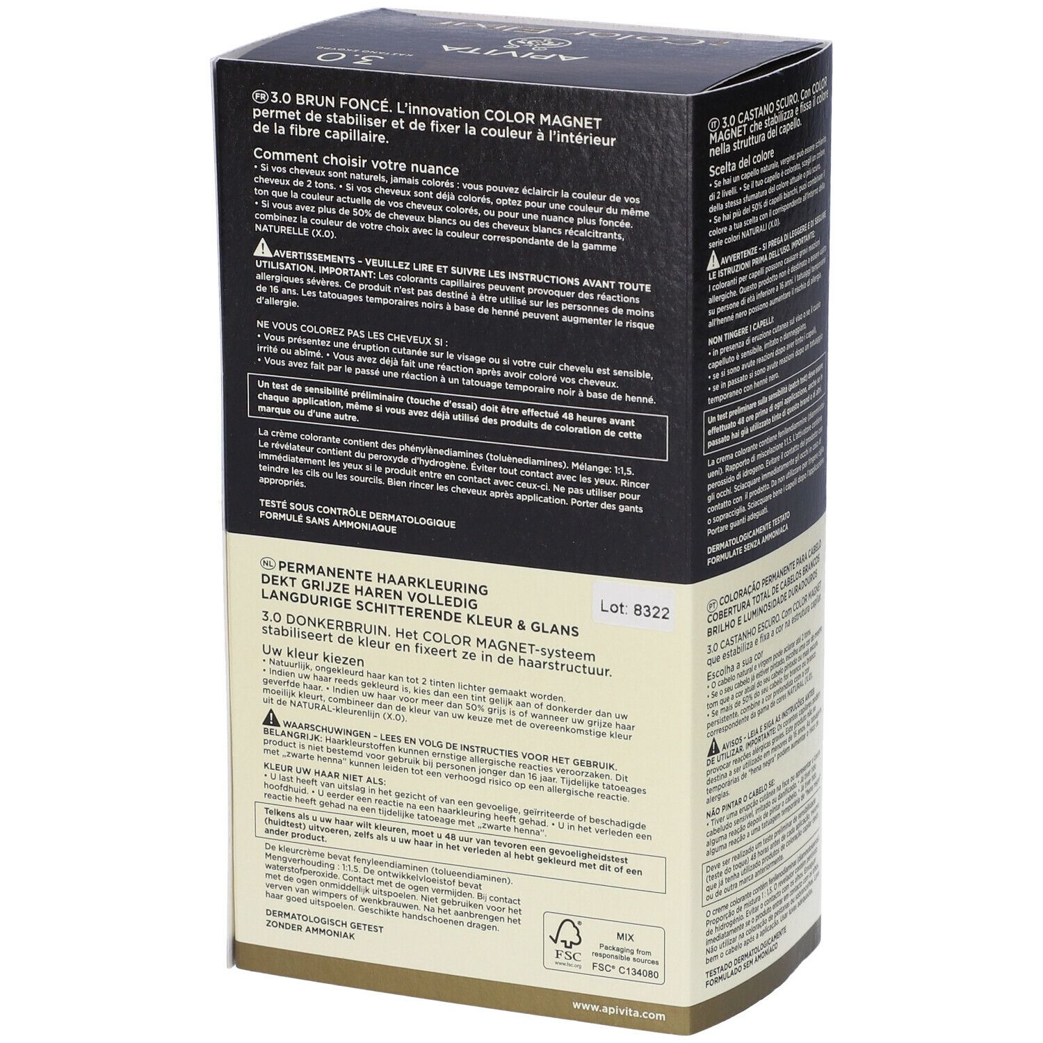 APIVITA eColor Elixir 3.0 Castano Scuro. Scatola con informazioni sul prodotto. Lato con testo in diverse lingue.