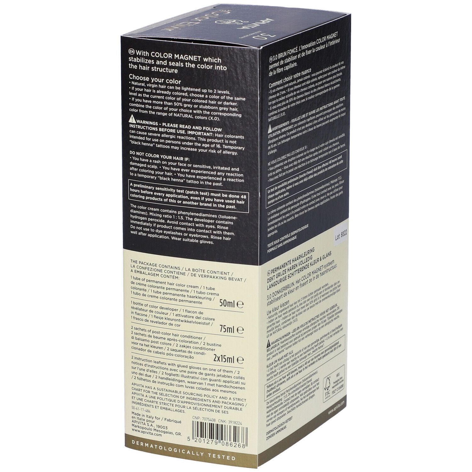 APIVITA eColor Elixir 3.0 Castano Scuro. Scatola con informazioni sul prodotto. Lato con elenco ingredienti e informazioni produttore.