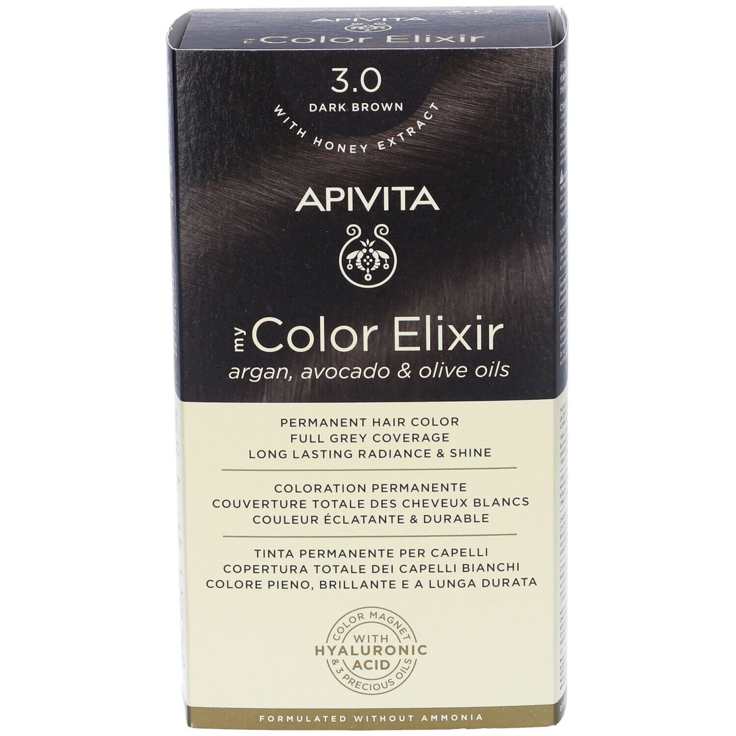 APIVITA eColor Elixir 3.0 Castano Scuro. Scatola con informazioni sul prodotto. Fronte con nome, colore, ingredienti e logo.
