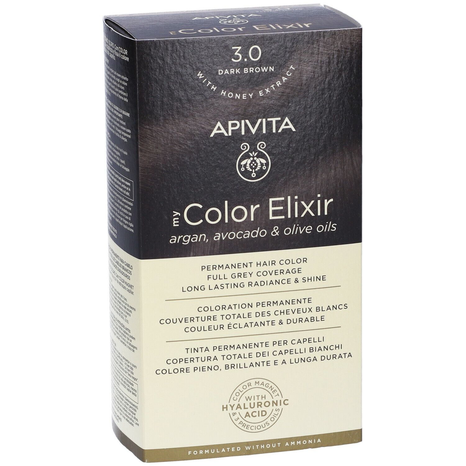 APIVITA eColor Elixir 3.0 Castano Scuro. Scatola con informazioni sul prodotto. Fronte con nome, colore, ingredienti e logo.