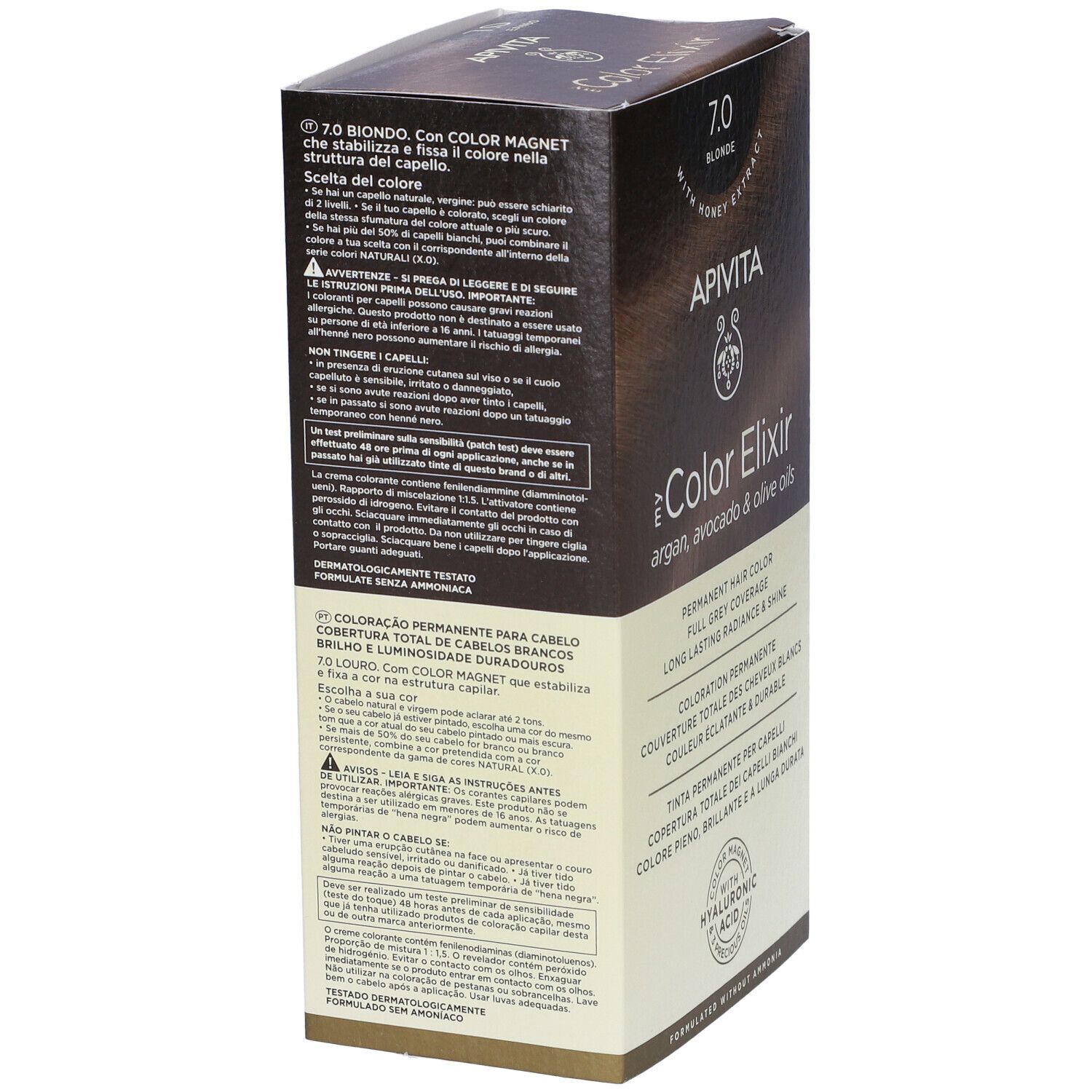 Lato della confezione APIVITA My Color Elixir 7.0 Biondo. Scritta: 7.0 Biondo, con estratto di miele. Informazioni sul prodotto.