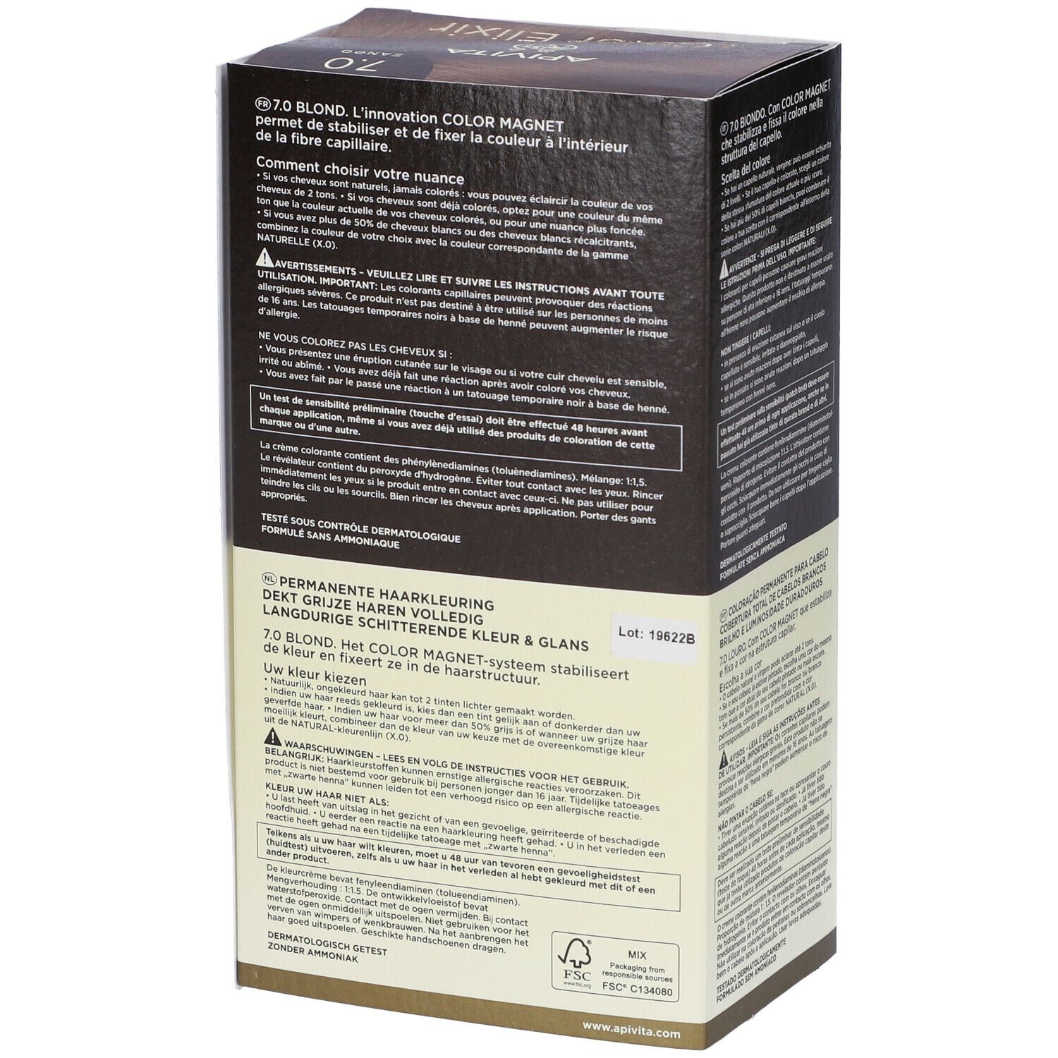 Retro della confezione APIVITA My Color Elixir 7.0 Biondo. Scritta: 7.0 Biondo, con estratto di miele. Informazioni multilingue.
