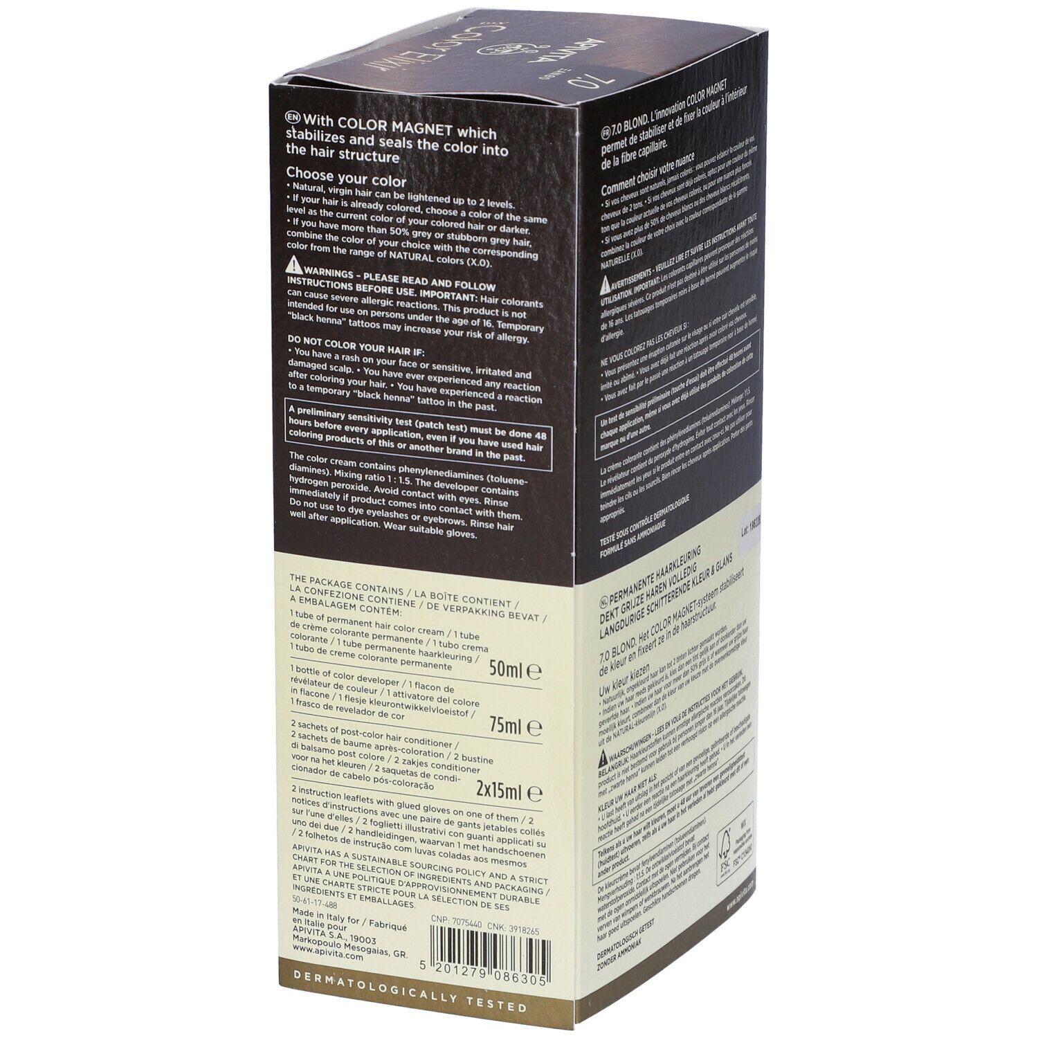 Confezione APIVITA My Color Elixir 7.0 Biondo. Contenuto: guanti, applicatore, balsamo. Informazioni sugli ingredienti.