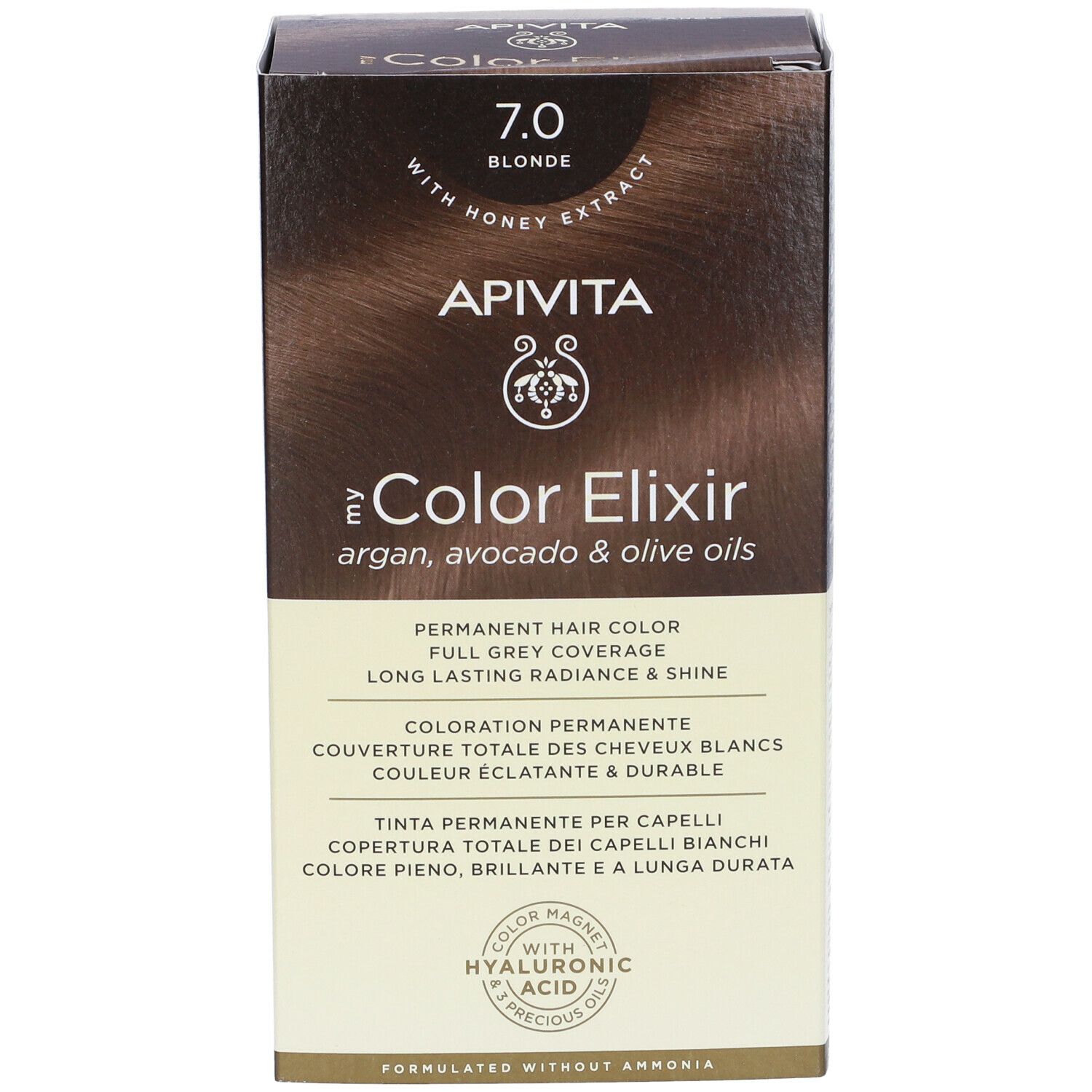 Confezione APIVITA My Color Elixir 7.0 Biondo. Scritta: 7.0 Biondo, con estratto di miele. Colore permanente per capelli.