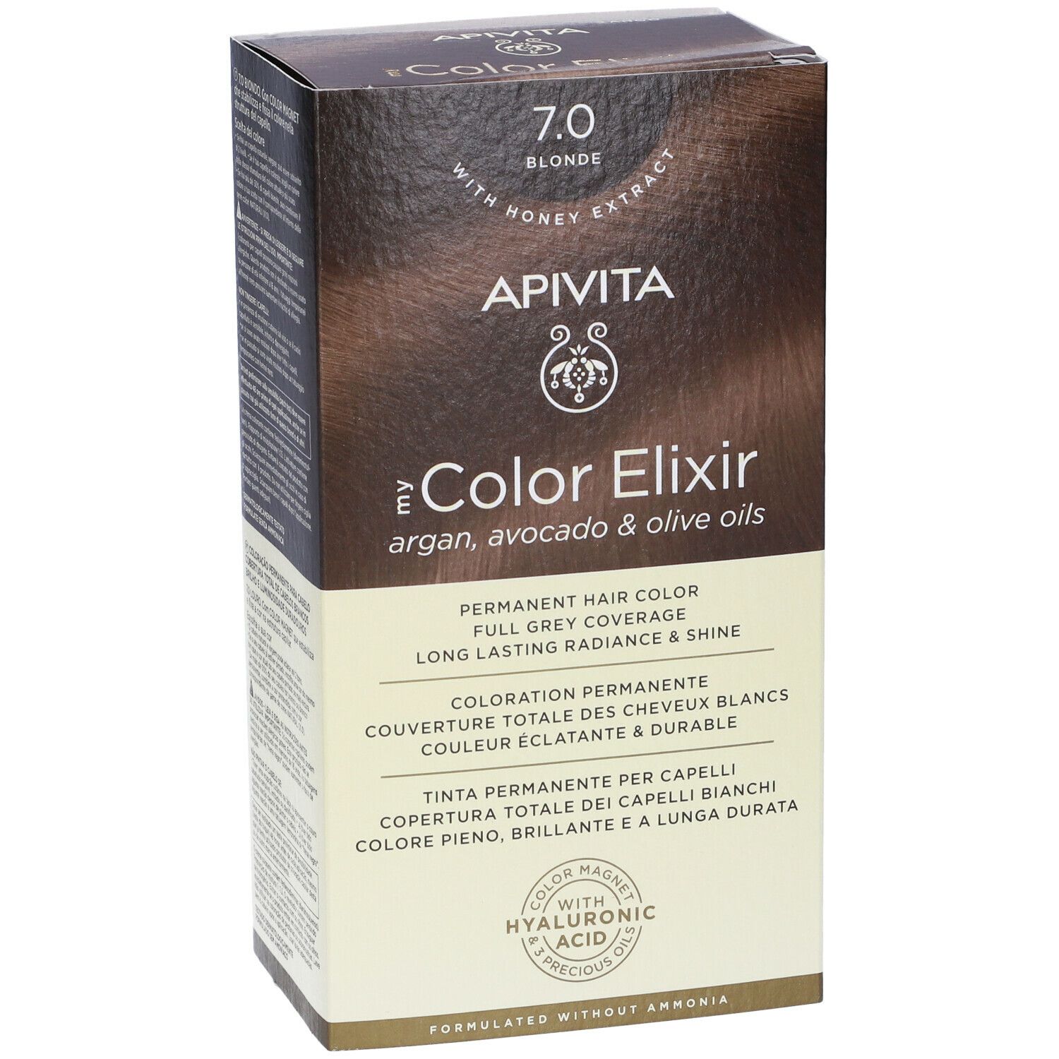 Confezione APIVITA My Color Elixir 7.0 Biondo. Scritta: 7.0 Biondo, con estratto di miele. Colore permanente per capelli.