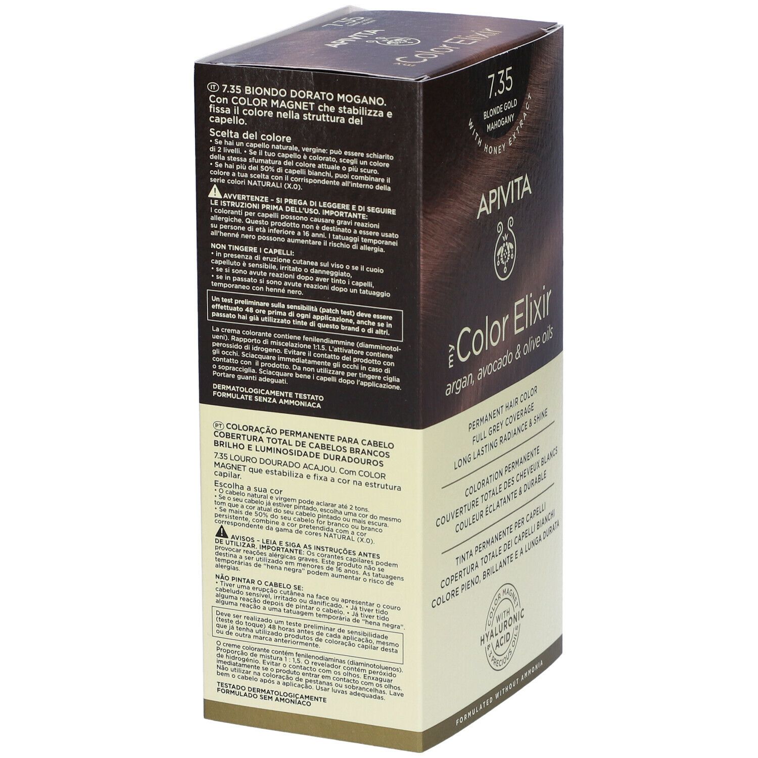 Retro della scatola di tinta per capelli. Testo multilingue. Informazioni sull'uso e gli ingredienti. Marca: APIVITA.