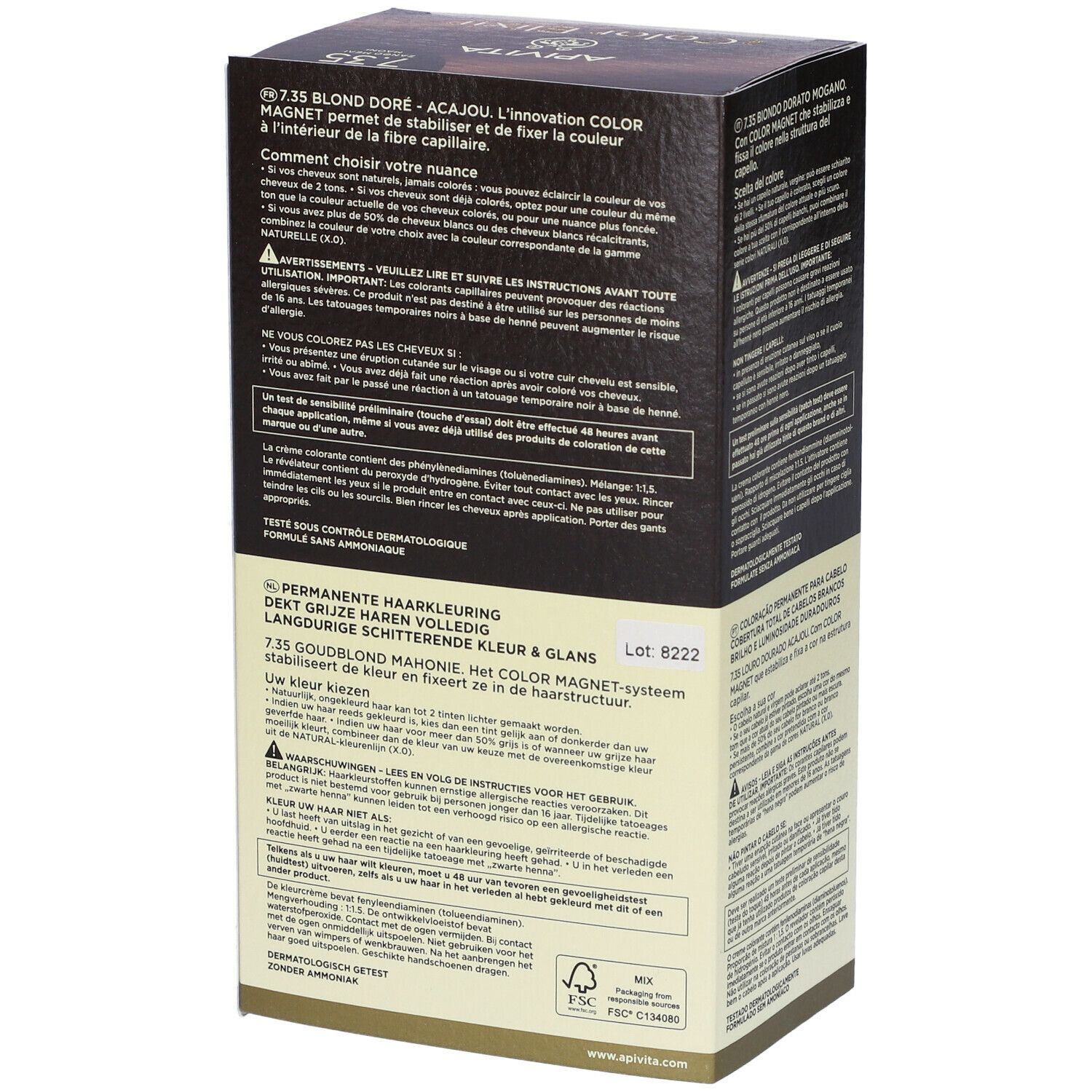 Lato della scatola di tinta per capelli. Testo multilingue. Informazioni sull'uso e gli ingredienti. Marca: APIVITA.