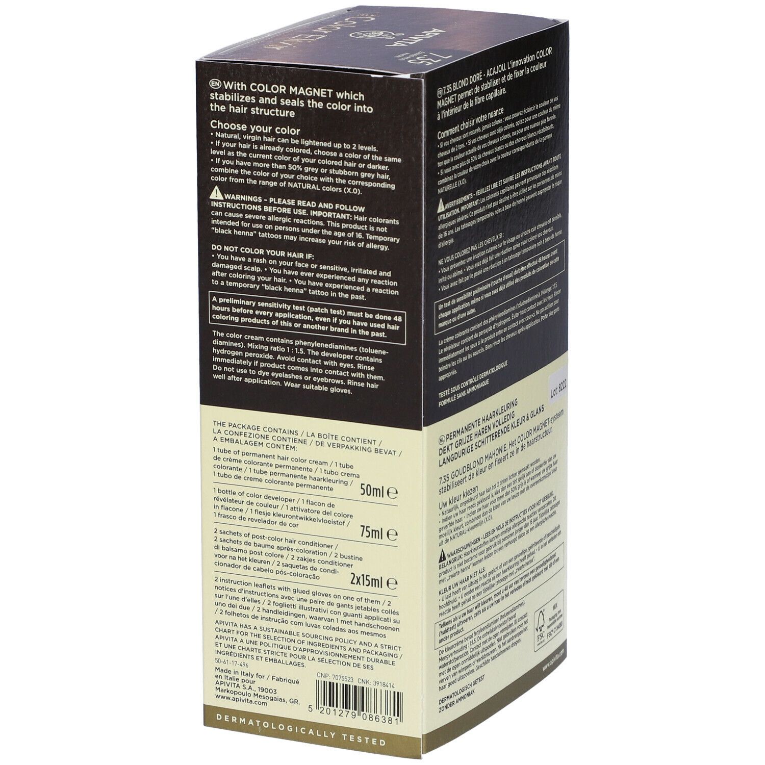 Lato della scatola di tinta per capelli. Contiene informazioni sul contenuto e avvertenze. Marca: APIVITA.