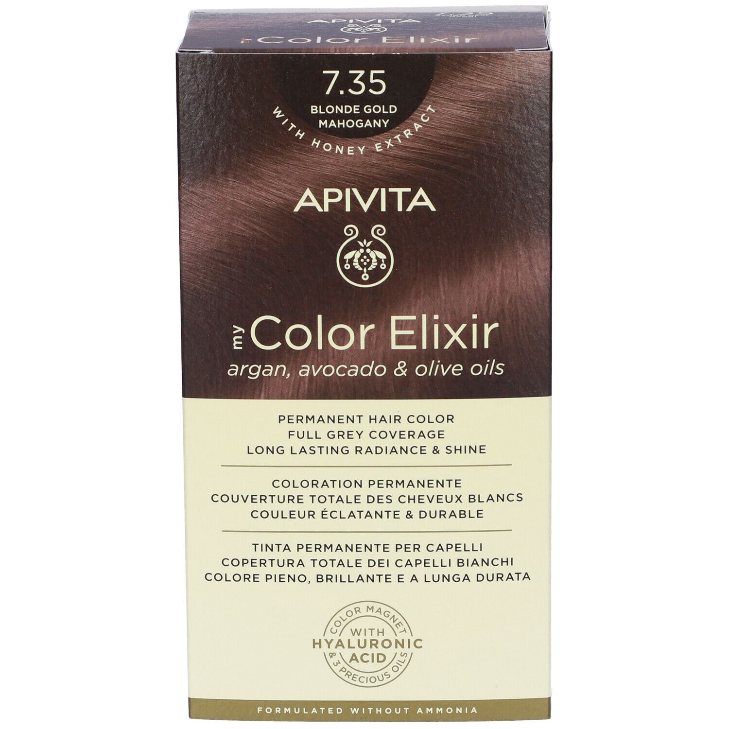 Scatola di tinta per capelli APIVITA eColor Elixir 7.35 Biondo Dorato Mogano. Con oli di argan, avocado e oliva. Copertura totale dei capelli bianchi.