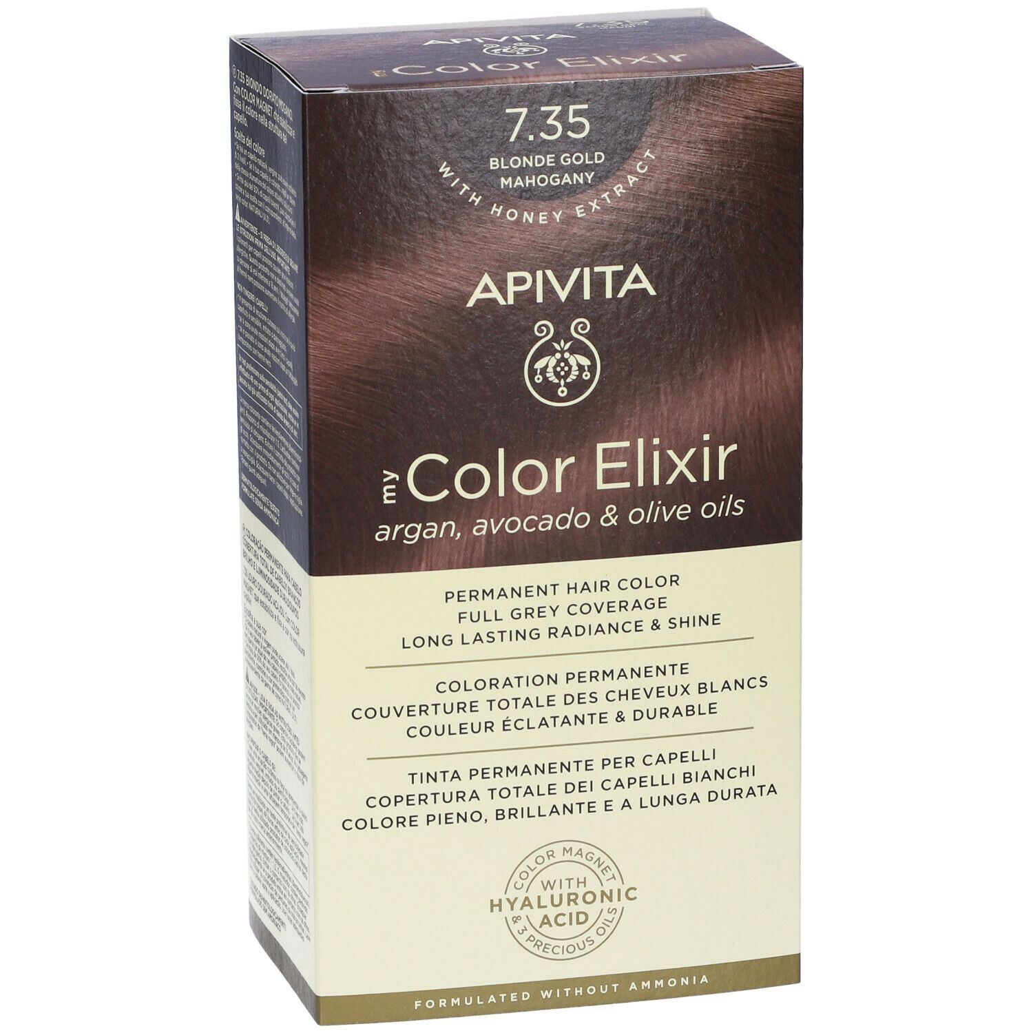 Scatola di tinta per capelli APIVITA eColor Elixir 7.35 Biondo Dorato Mogano. Con oli di argan, avocado e oliva. Copertura totale dei capelli bianchi.
