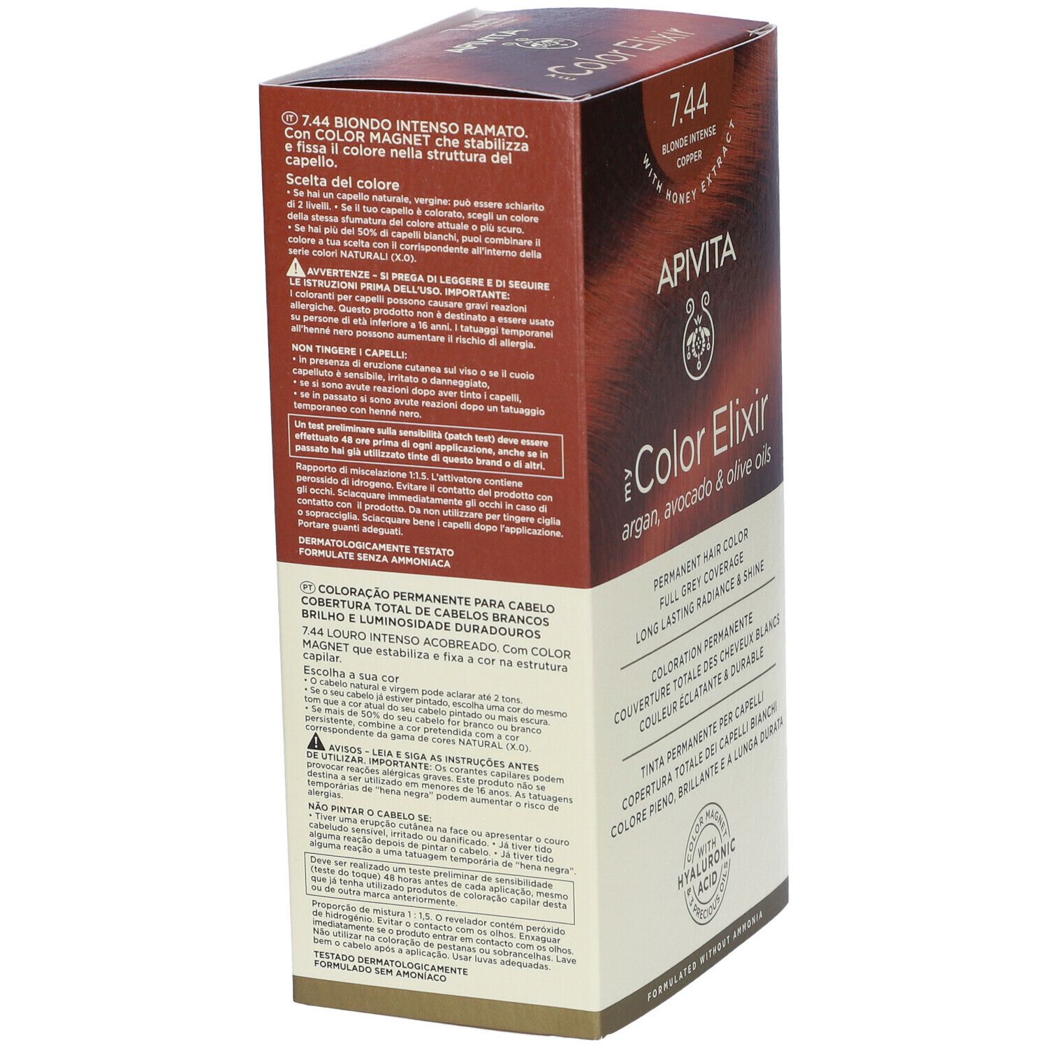 Confezione in cartone, vista obliqua posteriore. Testo: APIVITA, eColor Elixir, 7.44 Biondo Intenso Ramato. Contiene informazioni sul prodotto in varie lingue.