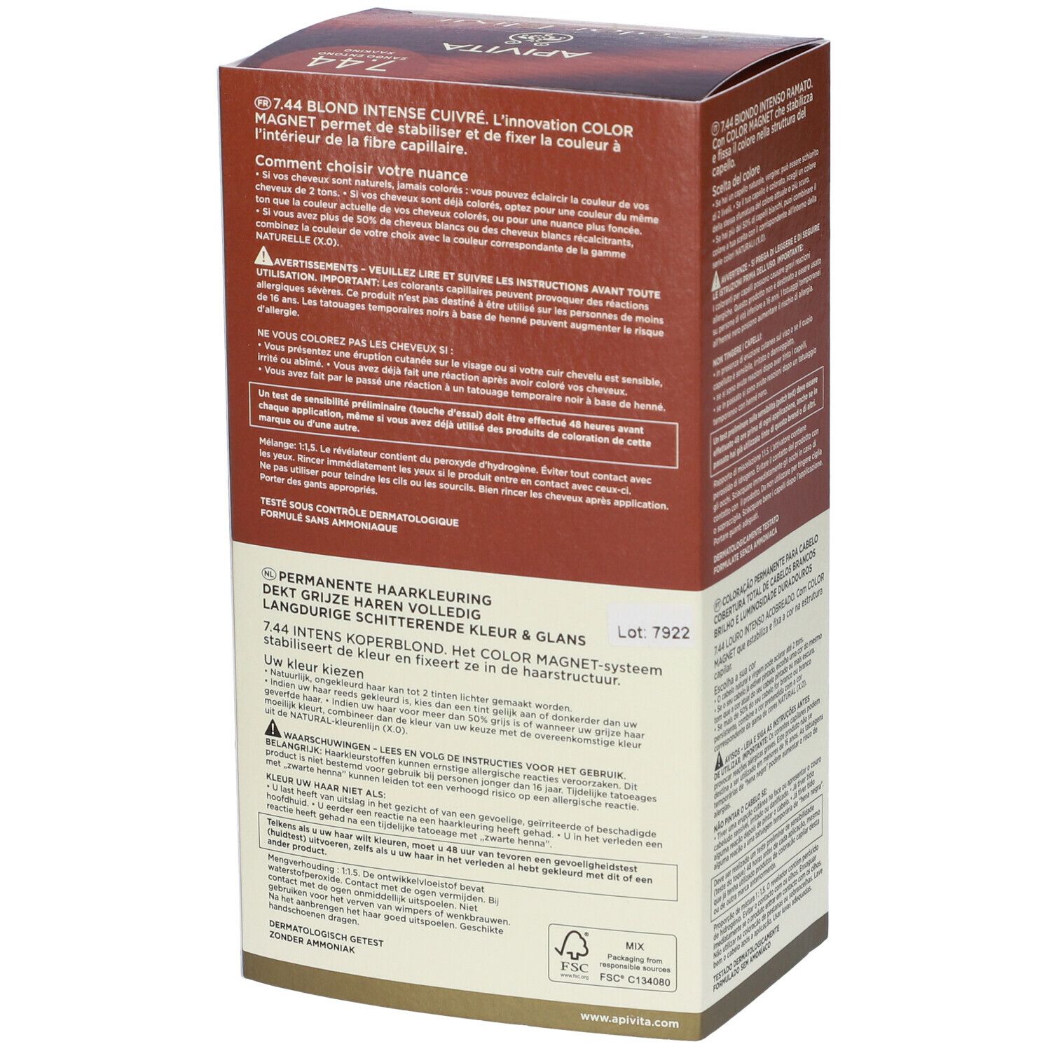 Confezione in cartone, vista obliqua posteriore. Testo: APIVITA, eColor Elixir, 7.44 Biondo Intenso Ramato. Contiene informazioni sul prodotto in varie lingue.