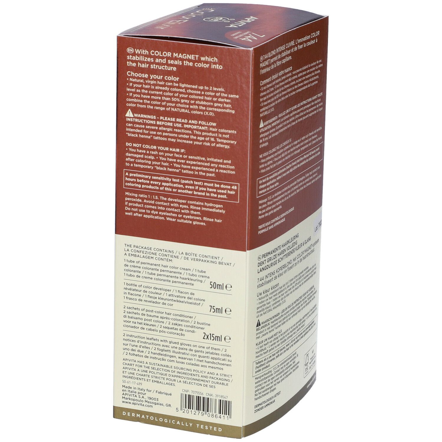 Confezione in cartone, vista obliqua posteriore. Testo: APIVITA, eColor Elixir, 7.44 Biondo Intenso Ramato. Contiene informazioni sul prodotto in varie lingue.