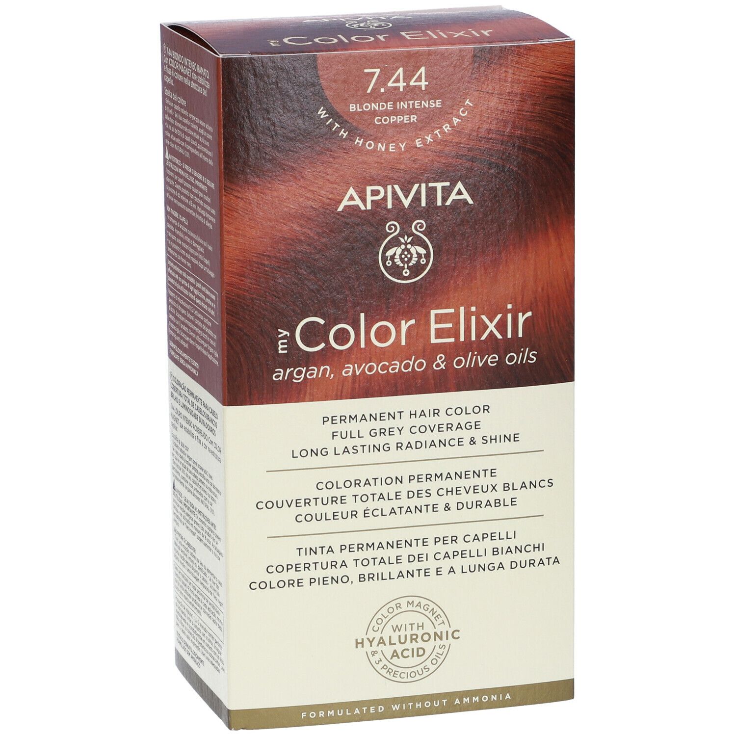 Confezione in cartone con informazioni sul prodotto. Scritta: APIVITA, eColor Elixir, 7.44 Biondo Intenso Ramato. Contiene oli di argan, avocado e oliva.