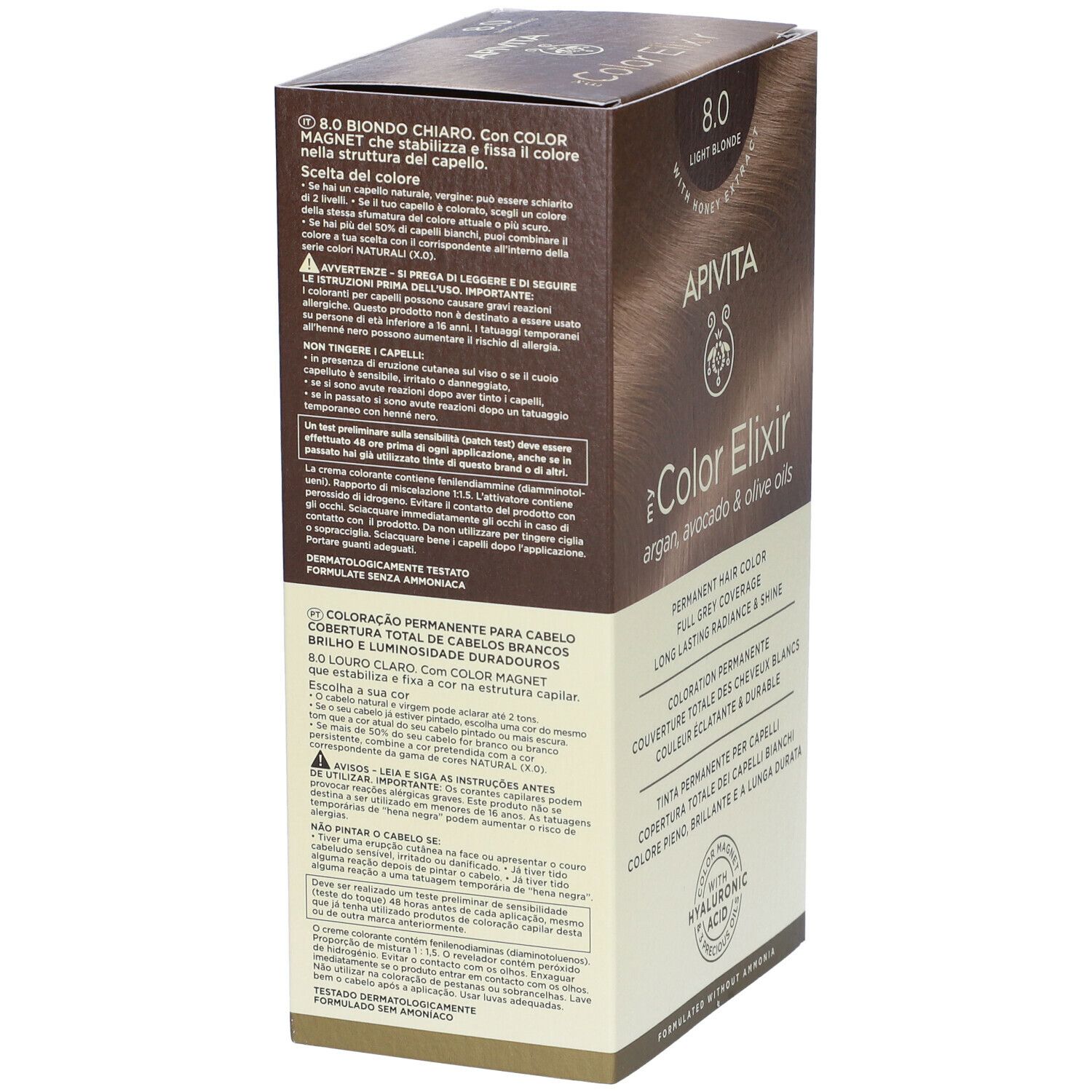 APIVITA My Color Elixir 8.0 Biondo Chiaro. Confezione, vista laterale. Testo: colorazione permanente, ingredienti, istruzioni per l'uso in più lingue.