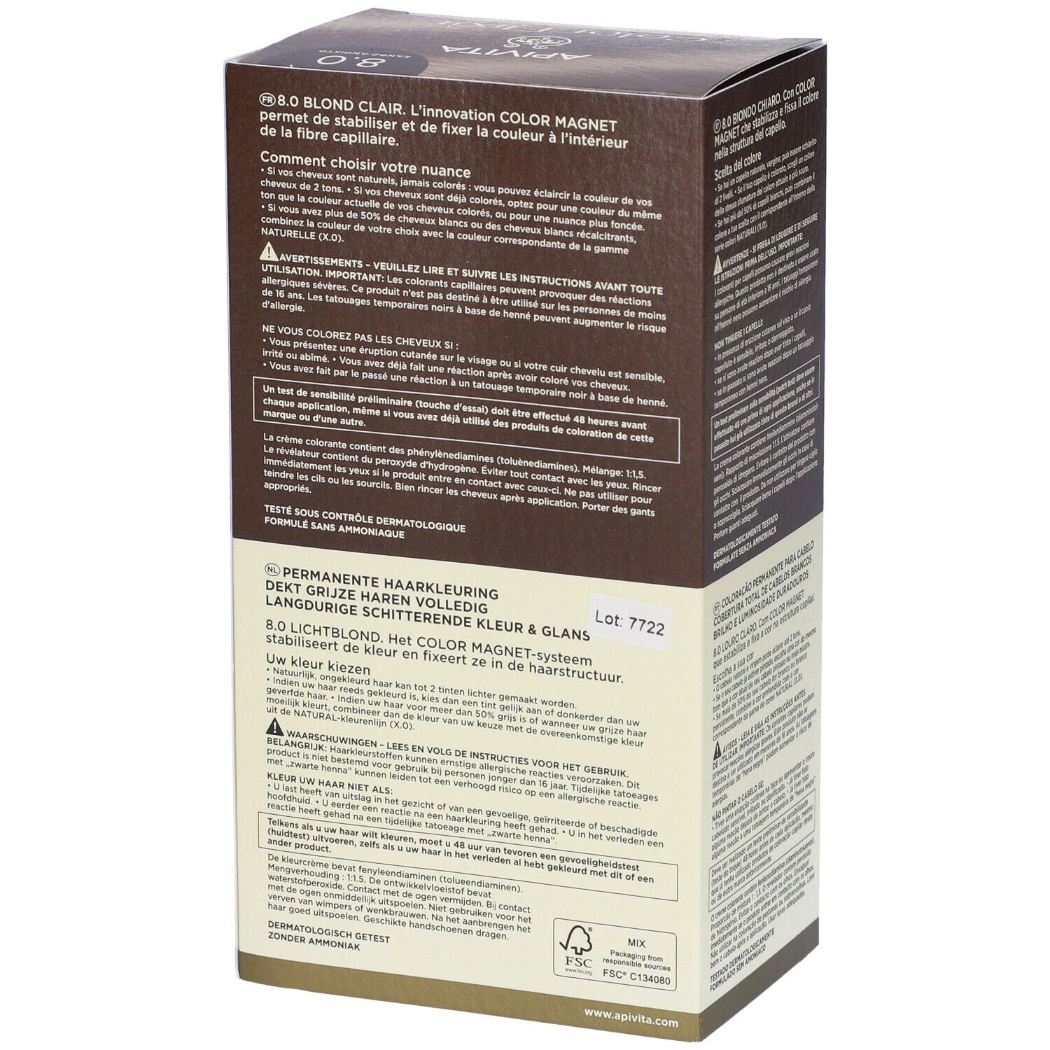 APIVITA My Color Elixir 8.0 Biondo Chiaro. Confezione, vista laterale. Testo: colorazione permanente, ingredienti, istruzioni per l'uso in più lingue.