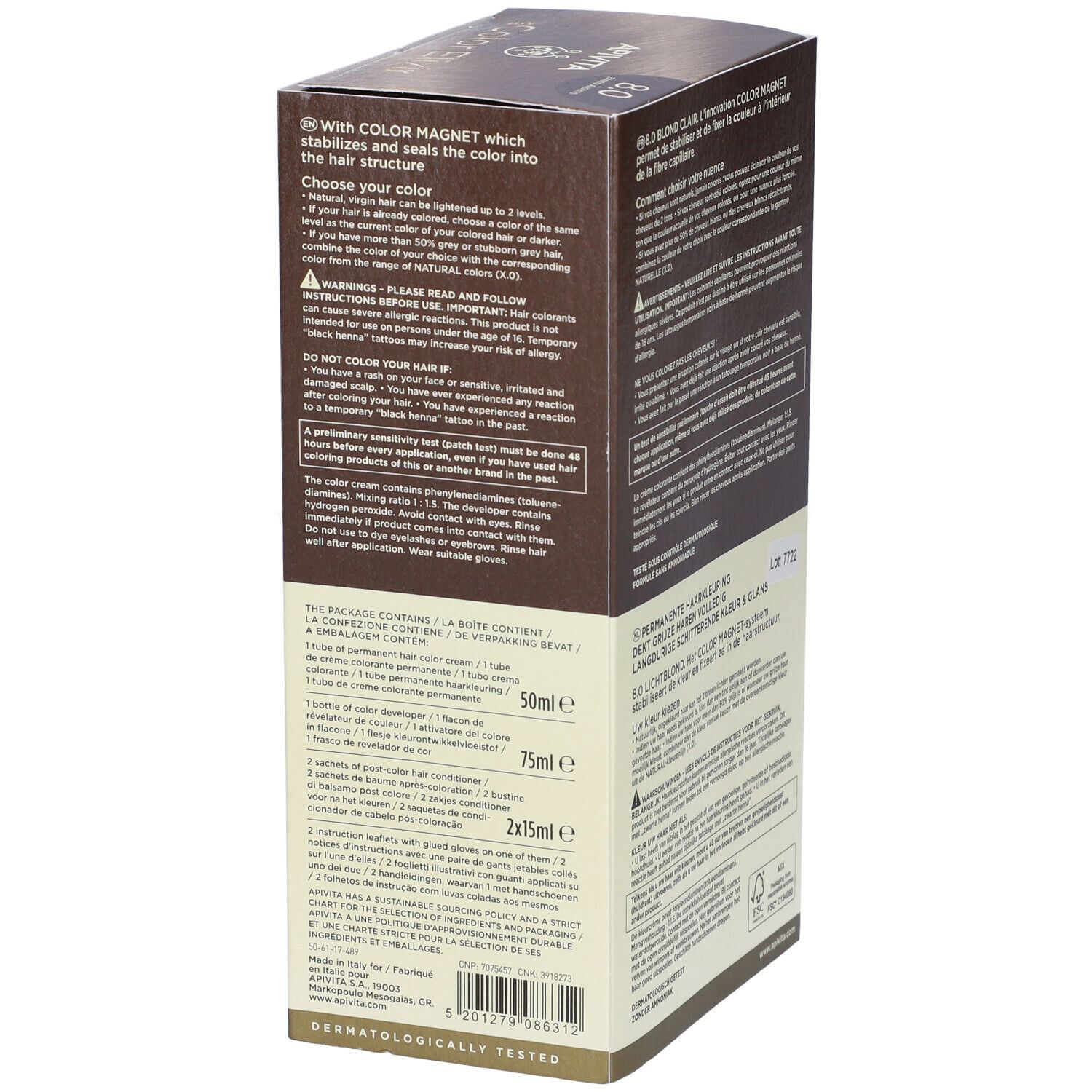 APIVITA My Color Elixir 8.0 Biondo Chiaro. Confezione, vista laterale. Testo: ingredienti, contenuto della confezione, istruzioni per l'uso in più lingue.