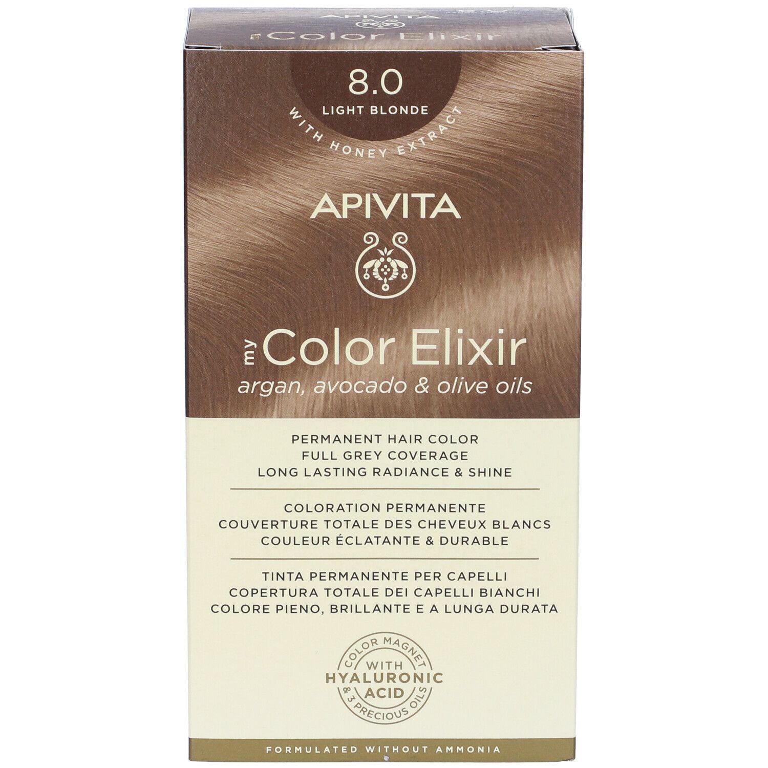 APIVITA My Color Elixir 8.0 Biondo Chiaro. Confezione con informazioni sul prodotto. Scritta: 8.0 Light Blonde, Color Elixir, colorazione permanente.