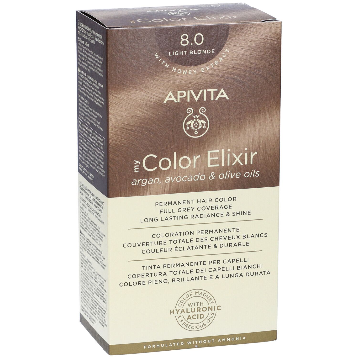 APIVITA My Color Elixir 8.0 Biondo Chiaro. Confezione con informazioni sul prodotto. Scritta: 8.0 Light Blonde, Color Elixir, colorazione permanente.
